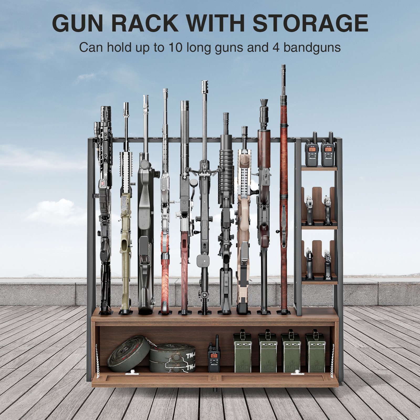 Anmytek Gun Rack, Wooden Gun Display Stand with Pistol Rack, Gun Rack Storage Display Floor Standing Shotgun Rack