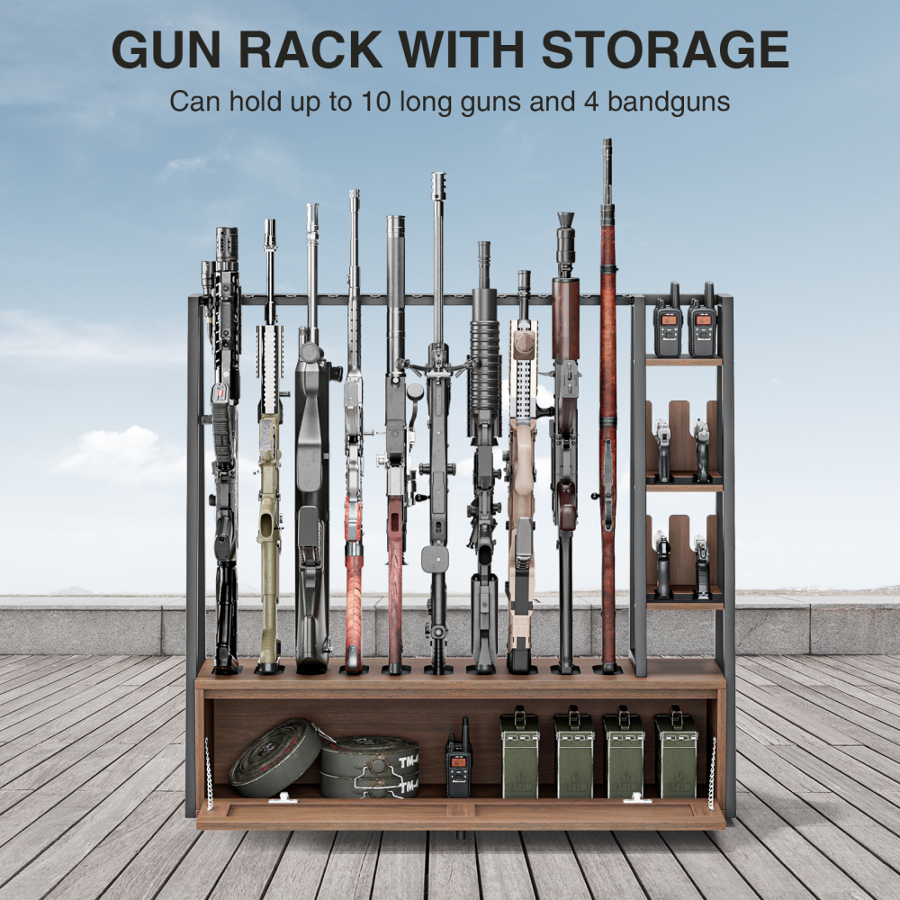 Anmytek Gun Rack, Wooden Gun Display Stand with Pistol Rack, Gun Rack Storage Display Floor Standing Shotgun Rack