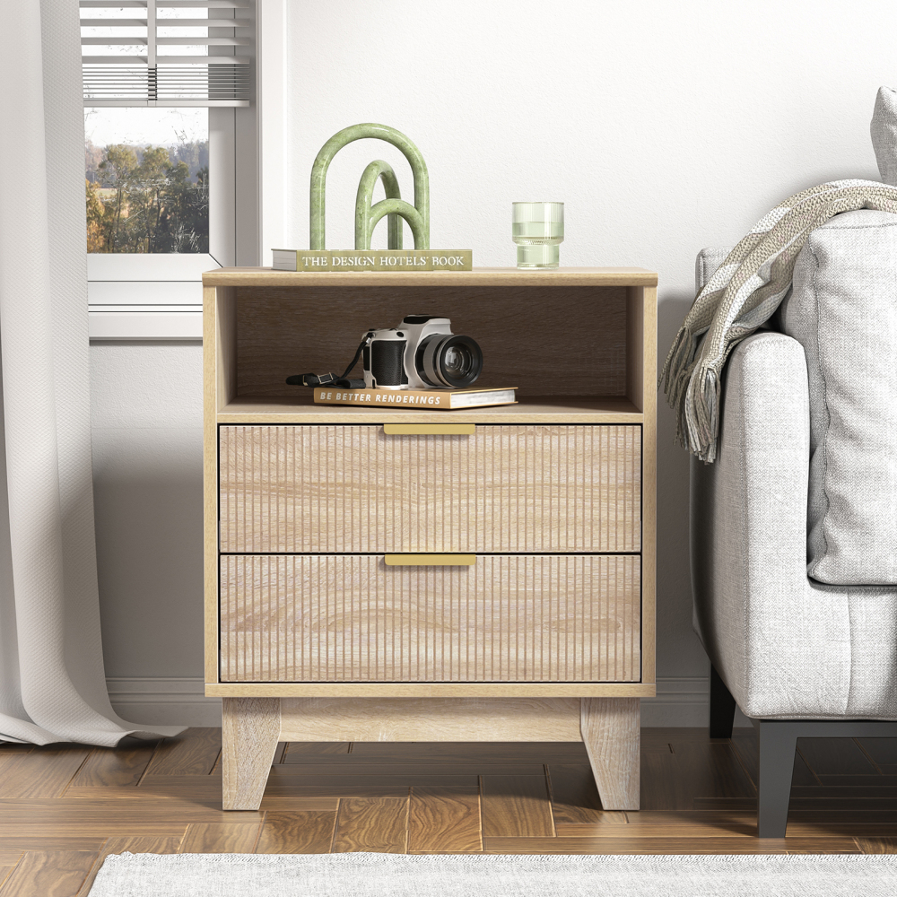 Anmytek Fluted Nightstand with 2 Drawers, Modern Side Table, Farmhouse End Table for Sofa, Bedside Table