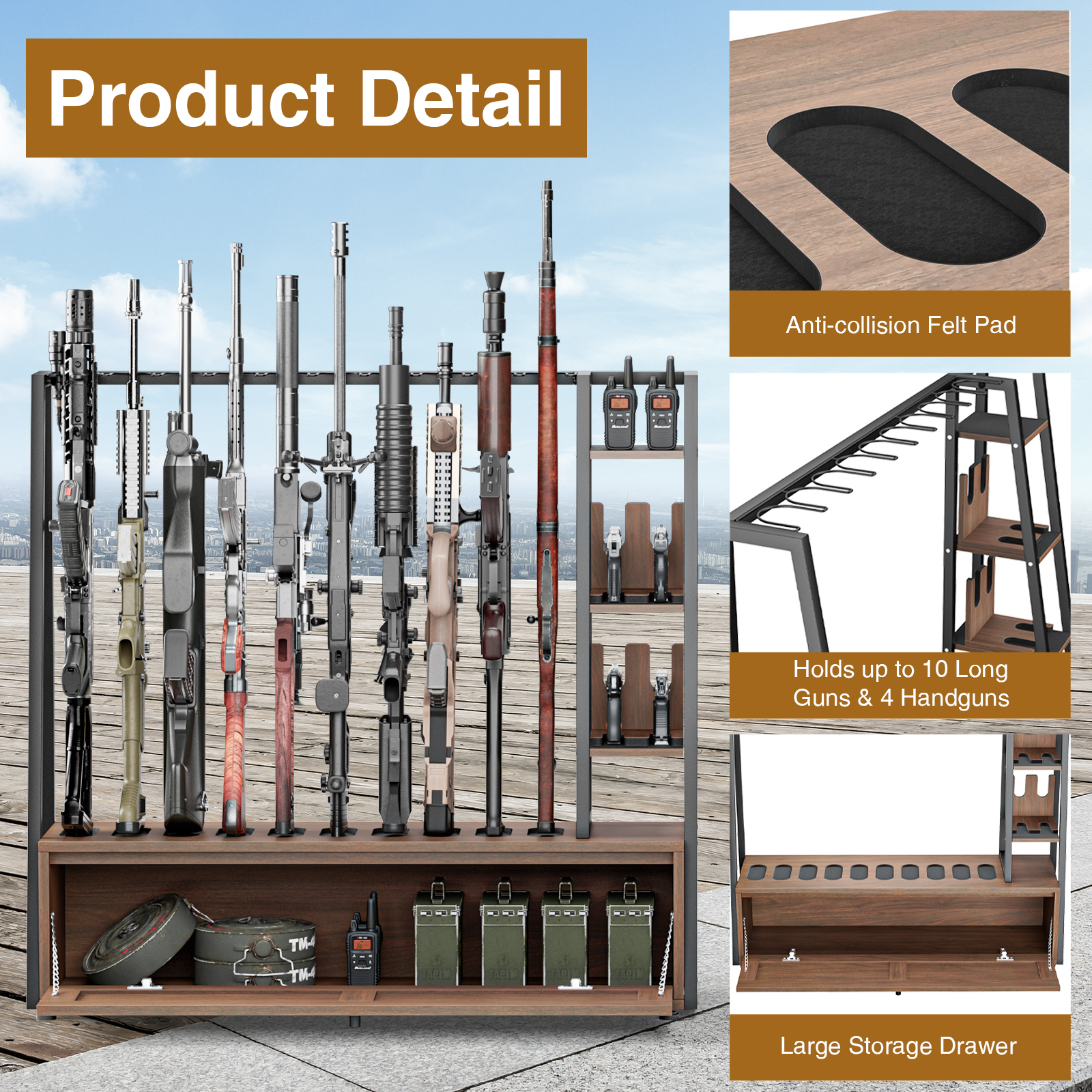 Anmytek Gun Rack, Wooden Gun Display Stand with Pistol Rack, Gun Rack Storage Display Floor Standing Shotgun Rack