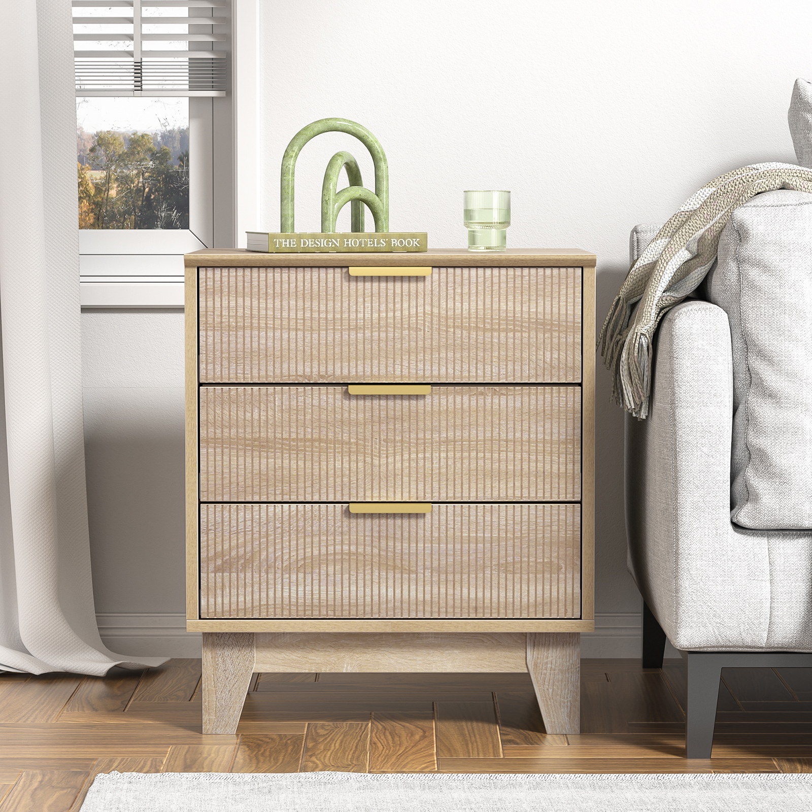 Anmytek Fluted Nightstand with 3 Drawers, Modern Side Table, Farmhouse End Table for Sofa