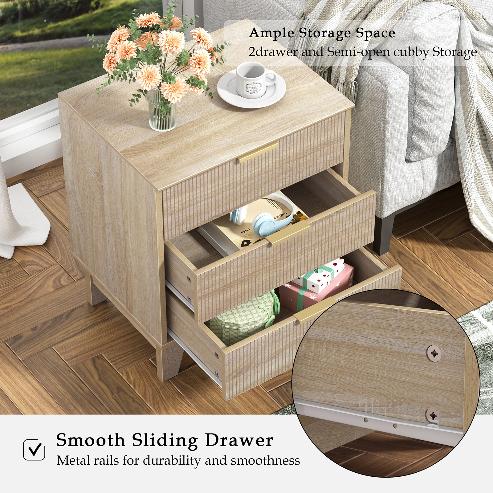 Anmytek Fluted Nightstand with 3 Drawers, Modern Side Table, Farmhouse End Table for Sofa