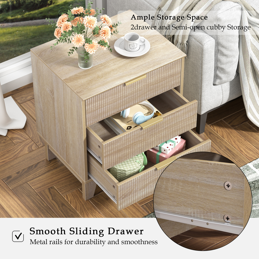 Anmytek Fluted Nightstand with 3 Drawers, Modern Side Table, Farmhouse End Table for Sofa