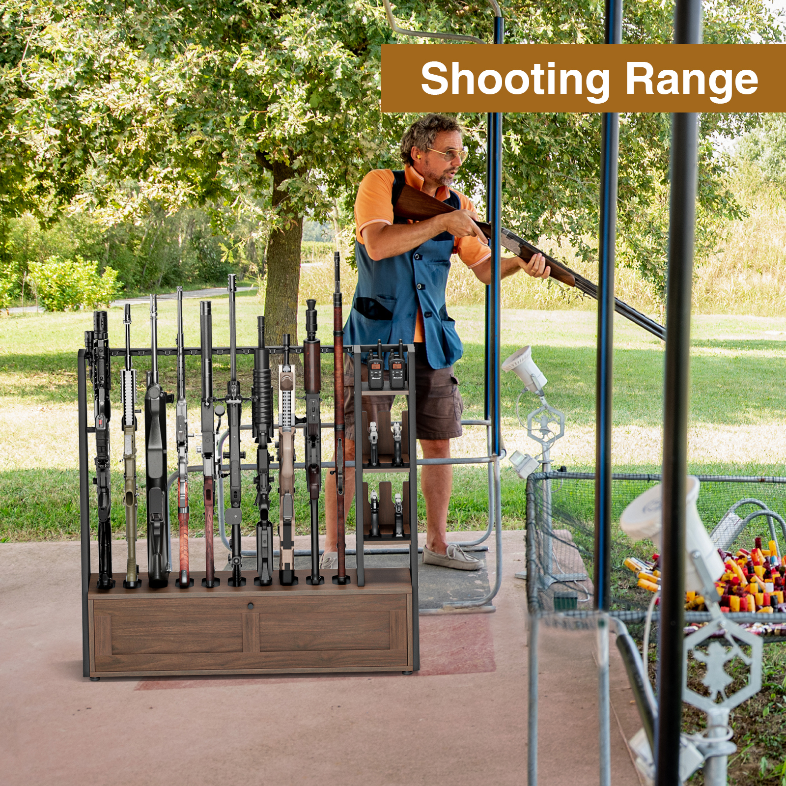 Anmytek Gun Rack, Wooden Gun Display Stand with Pistol Rack, Gun Rack Storage Display Floor Standing Shotgun Rack