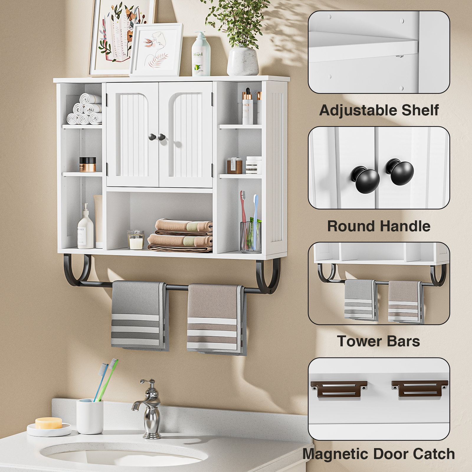 Anmytek White Bathroom Wall Cabinet, Over The Toilet Storage Cabinet Wall Mounted, Bathroom Organizers and Storage Wall Cabinet
