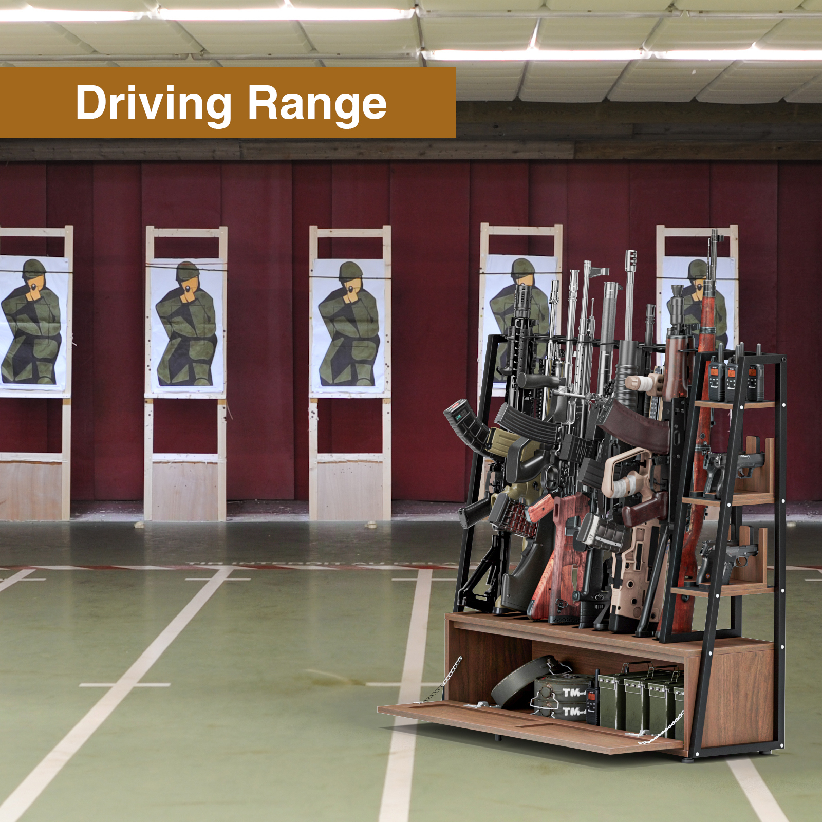 Anmytek Gun Rack, Wooden Gun Display Stand with Pistol Rack, Gun Rack Storage Display Floor Standing Shotgun Rack