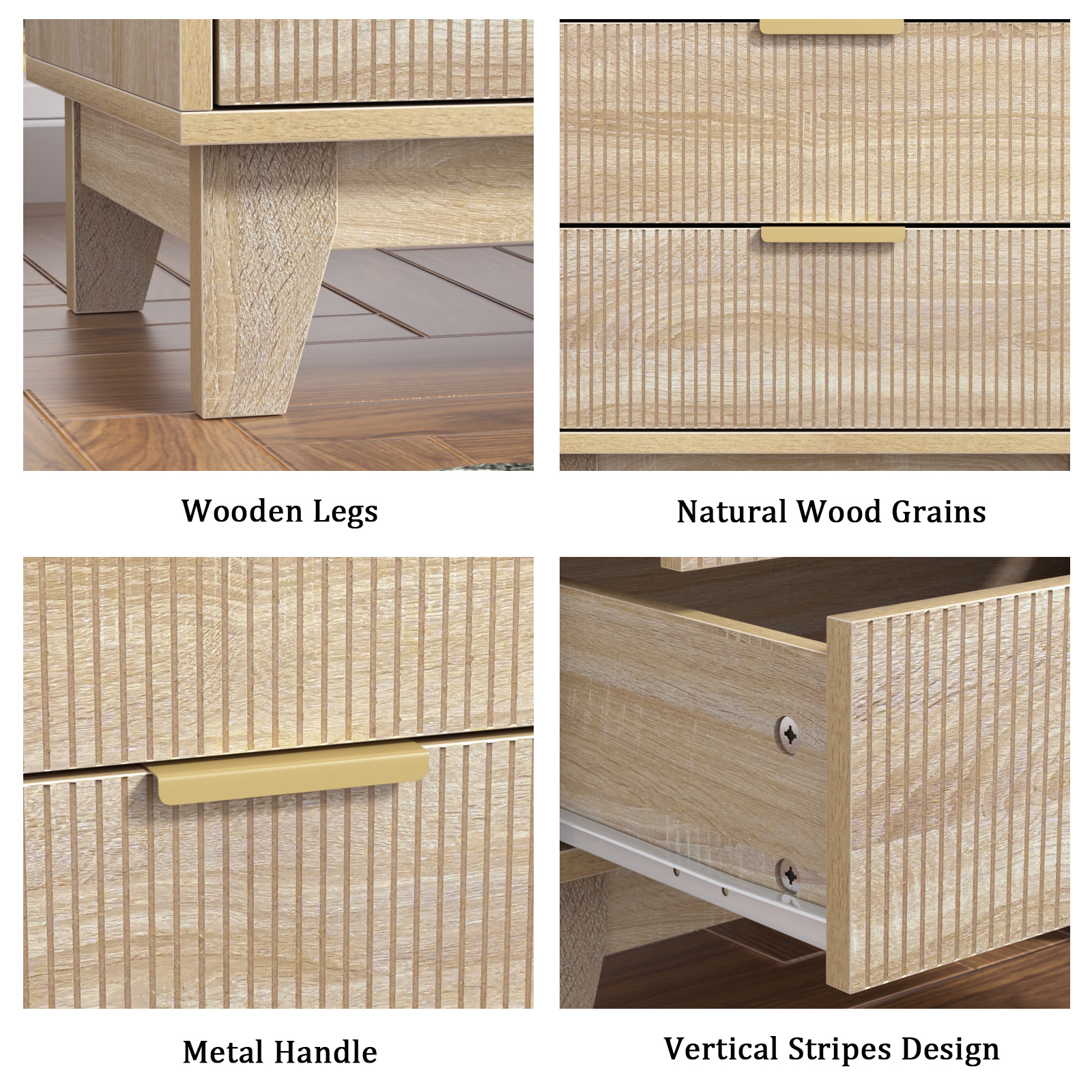 Anmytek Fluted Nightstand with 3 Drawers, Modern Side Table, Farmhouse End Table for Sofa