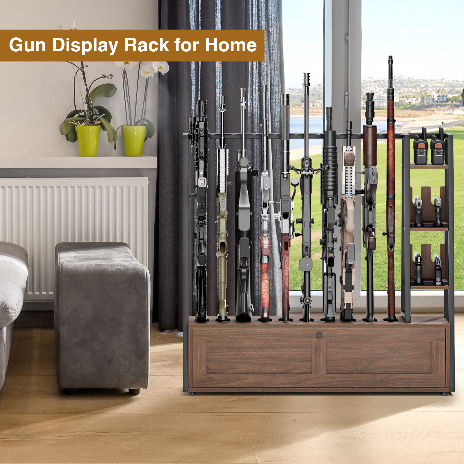 Anmytek Gun Rack, Wooden Gun Display Stand with Pistol Rack, Gun Rack Storage Display Floor Standing Shotgun Rack