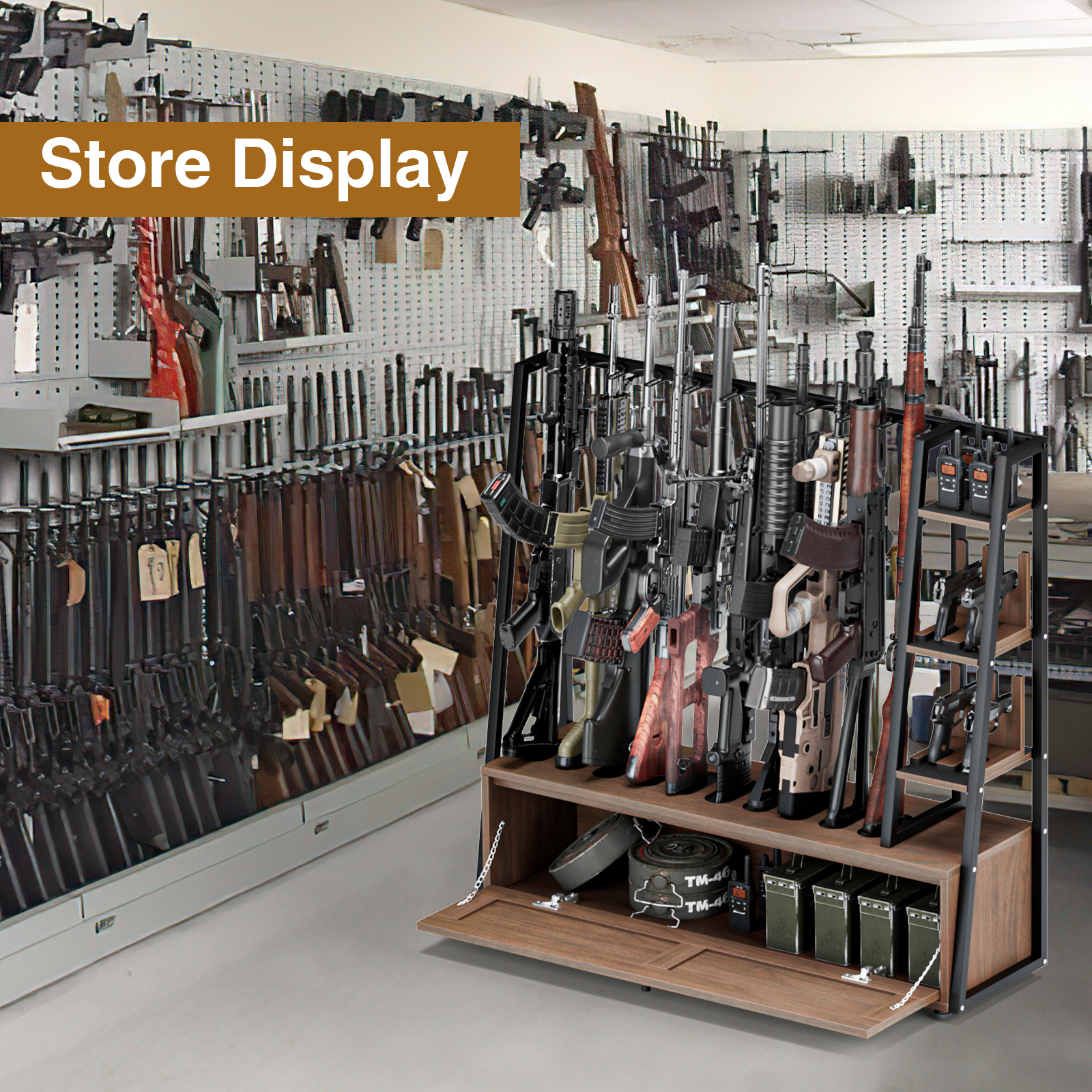 Anmytek Gun Rack, Wooden Gun Display Stand with Pistol Rack, Gun Rack Storage Display Floor Standing Shotgun Rack