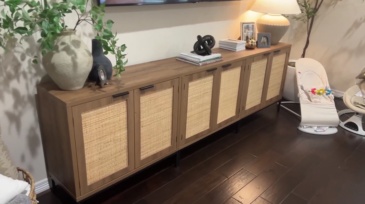 Anmytek Rattan Storage Cabinet with 2 Doors, Farmhouse Wood Sideboard Buffet