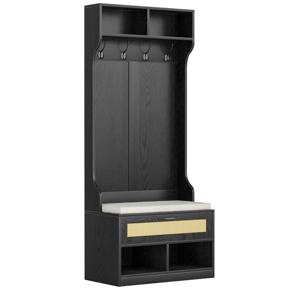 Anmytek Hall Tree with Bench and Shoe Storage, Farmhouse Entryway Bench with Coat Rack Shoe Storage Bench with Soft Cushion