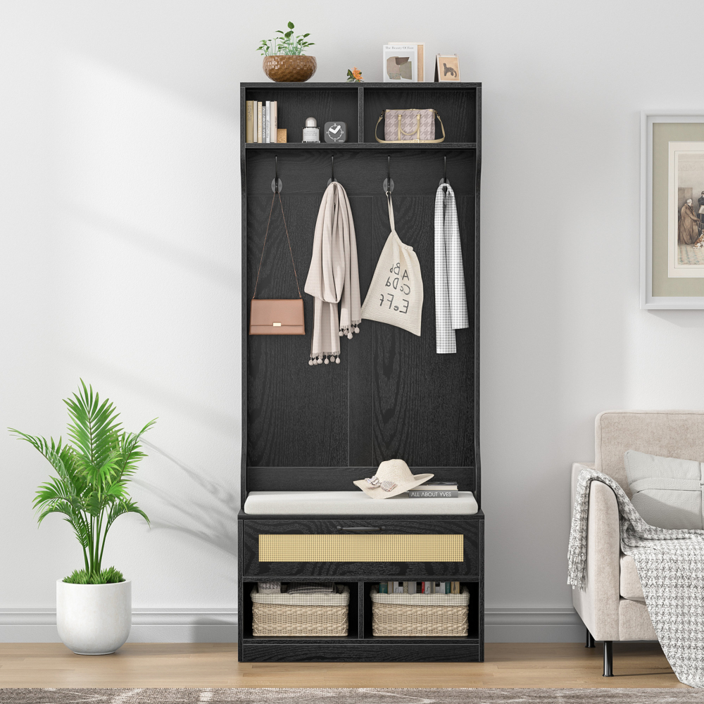 Anmytek Hall Tree with Bench and Shoe Storage, Farmhouse Entryway Bench with Coat Rack Shoe Storage Bench with Soft Cushion