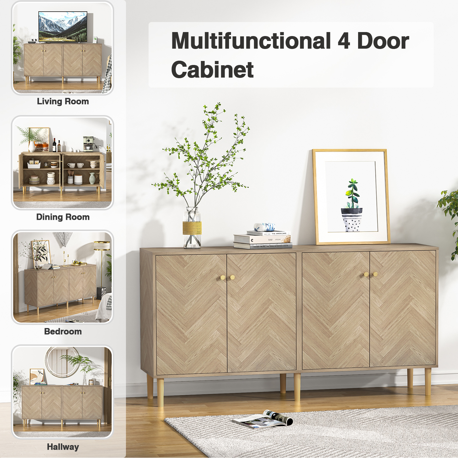 Anmytek Sideboard Buffet Cabinet with 4 Doors, 63''W Large Kitchen Storage Cabinet