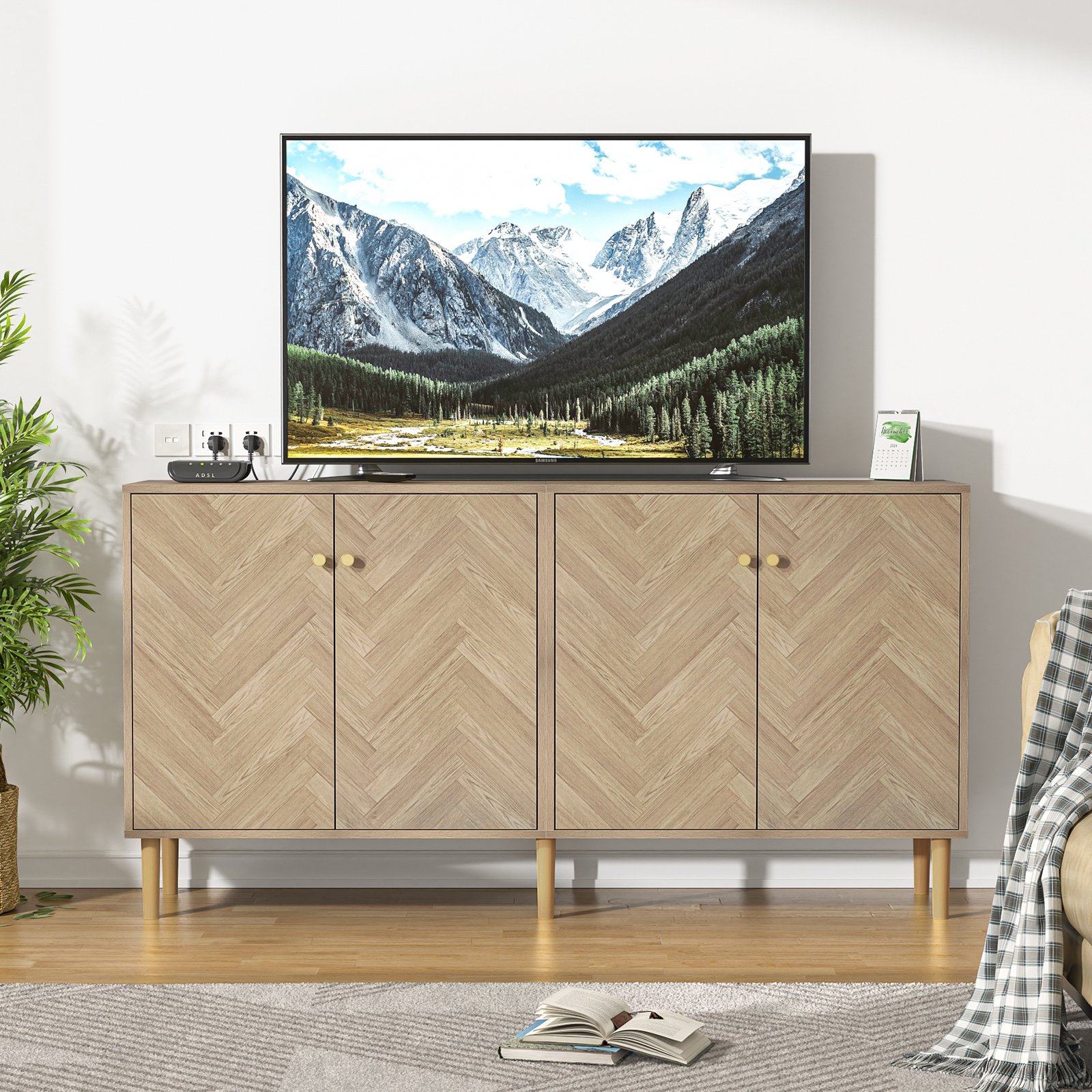 Anmytek Sideboard Buffet Cabinet with 4 Doors, 63''W Large Kitchen Storage Cabinet