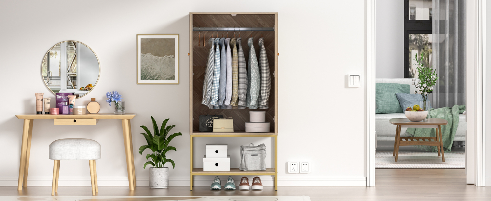 Anmytek Armoire Wardrobe Closet with Doors, Wooden Wardrobe Closet with Hanging Rod & Shelf