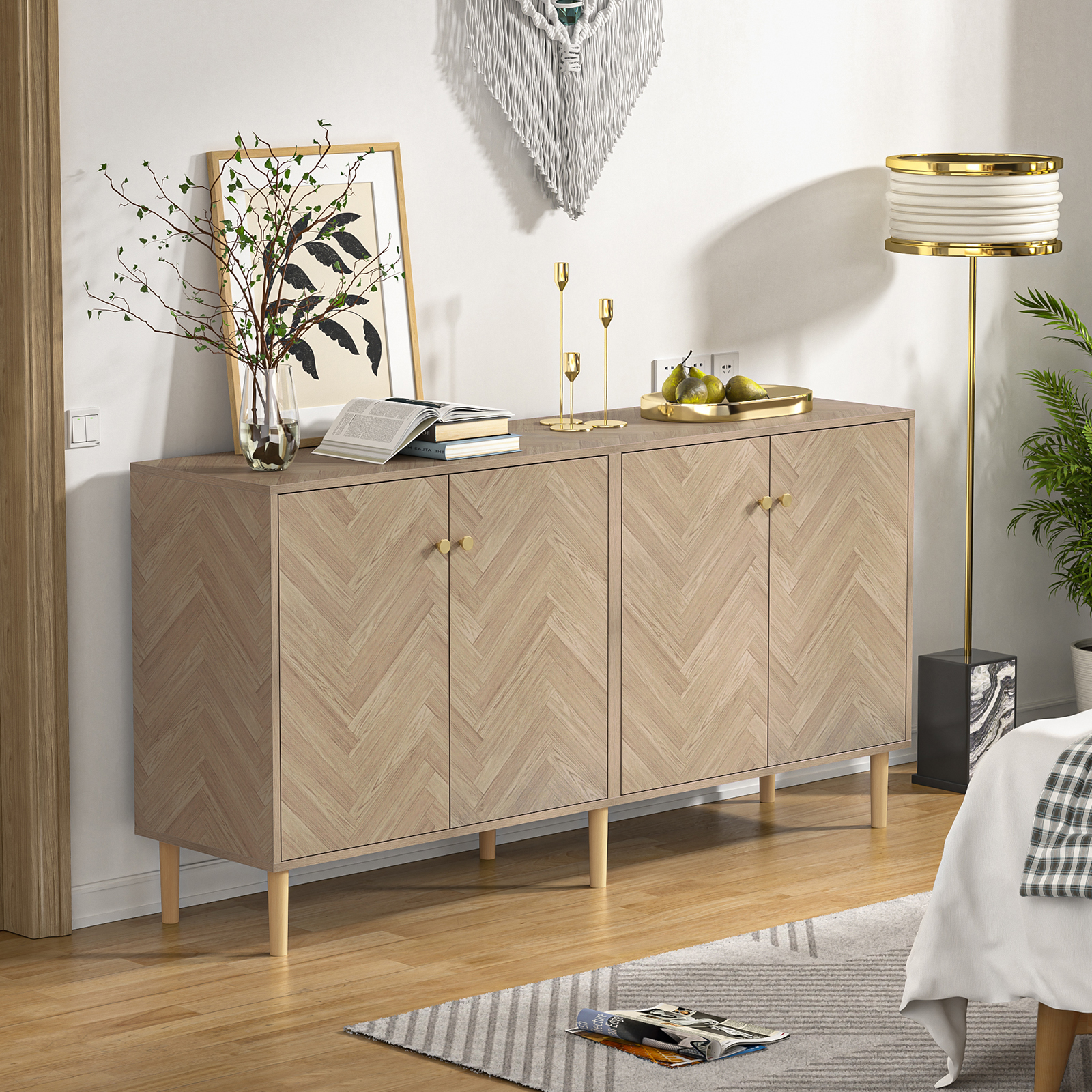 Anmytek Sideboard Buffet Cabinet with 4 Doors, 63''W Large Kitchen Storage Cabinet