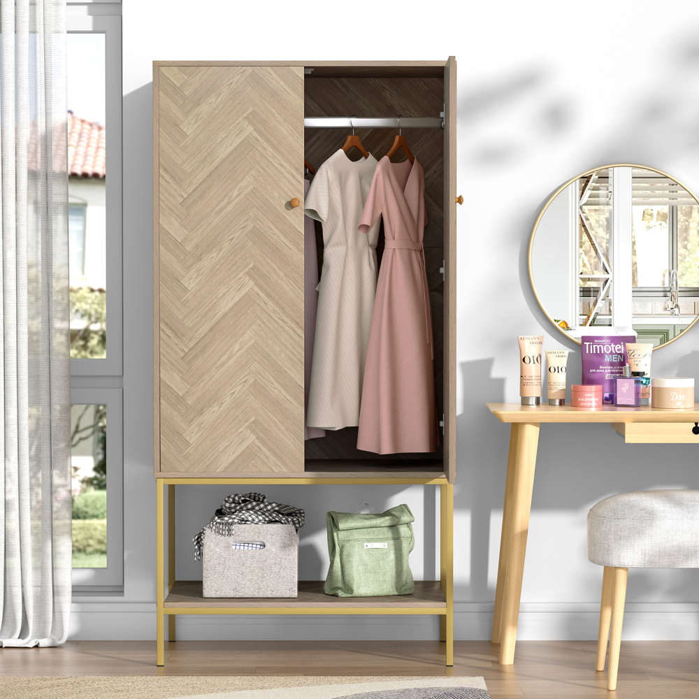 Anmytek Armoire Wardrobe Closet with Doors, Wooden Wardrobe Closet with Hanging Rod & Shelf