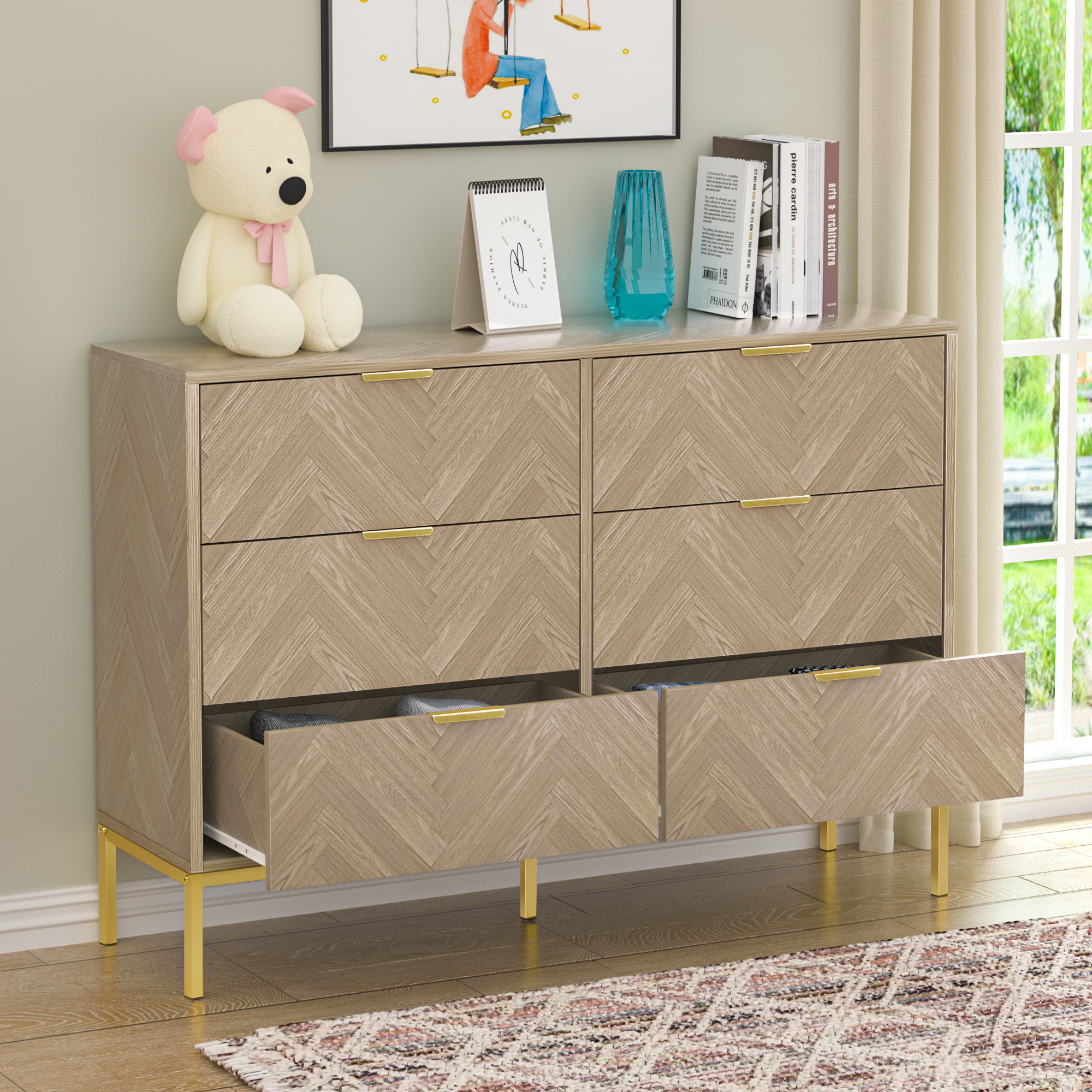 Anmytek 6 Drawer Double Dresser Storage Modern Wood Chest