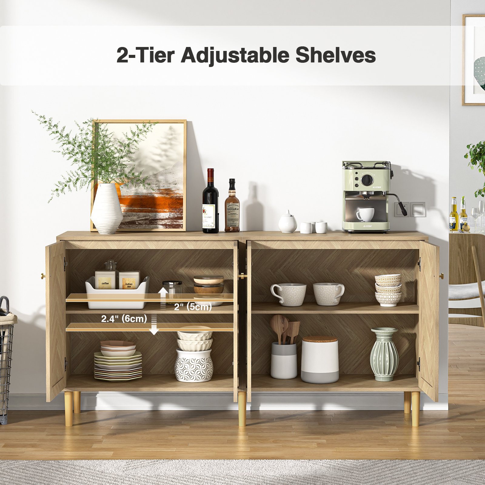 Anmytek Sideboard Buffet Cabinet with 4 Doors, 63''W Large Kitchen Storage Cabinet