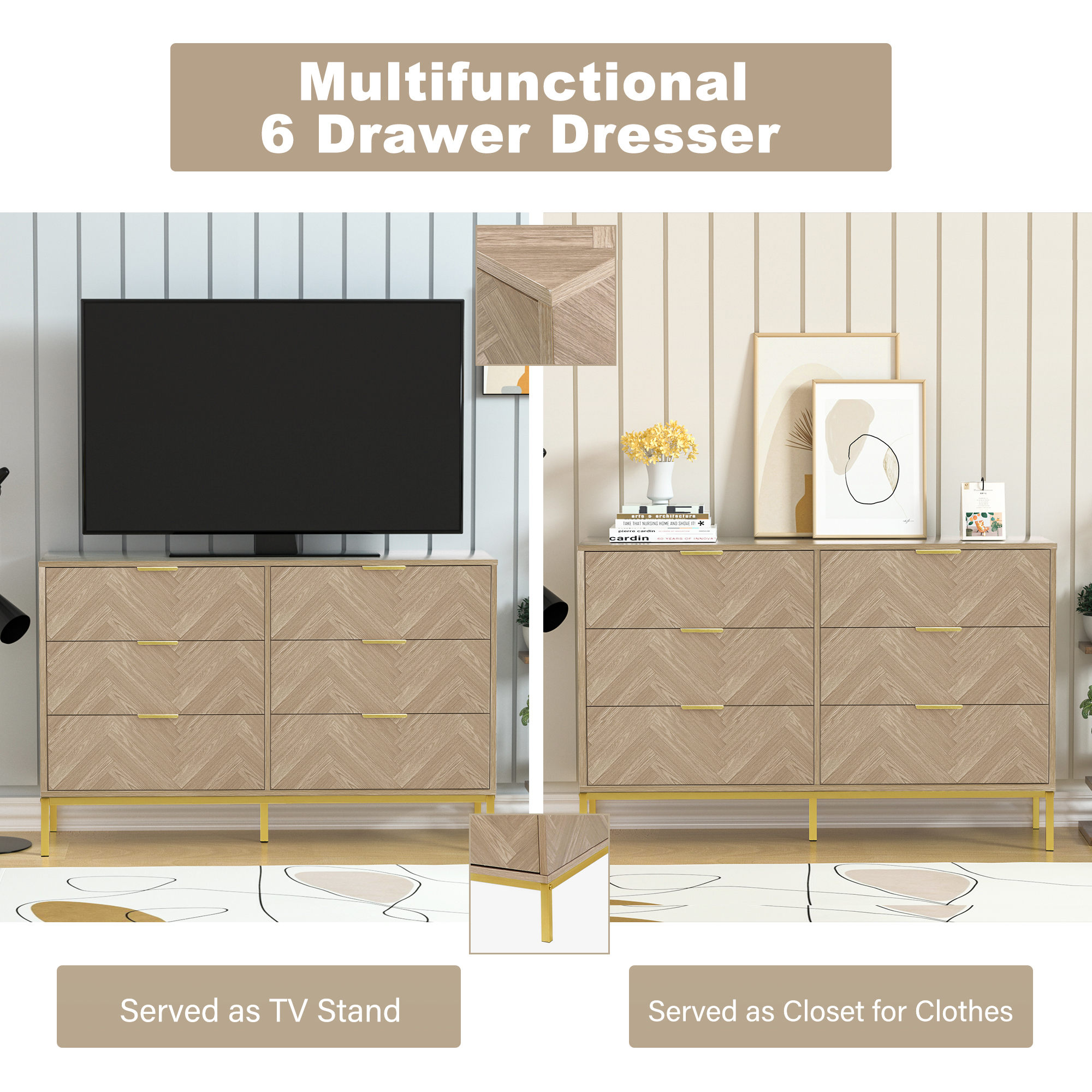 Anmytek 6 Drawer Double Dresser Storage Modern Wood Chest