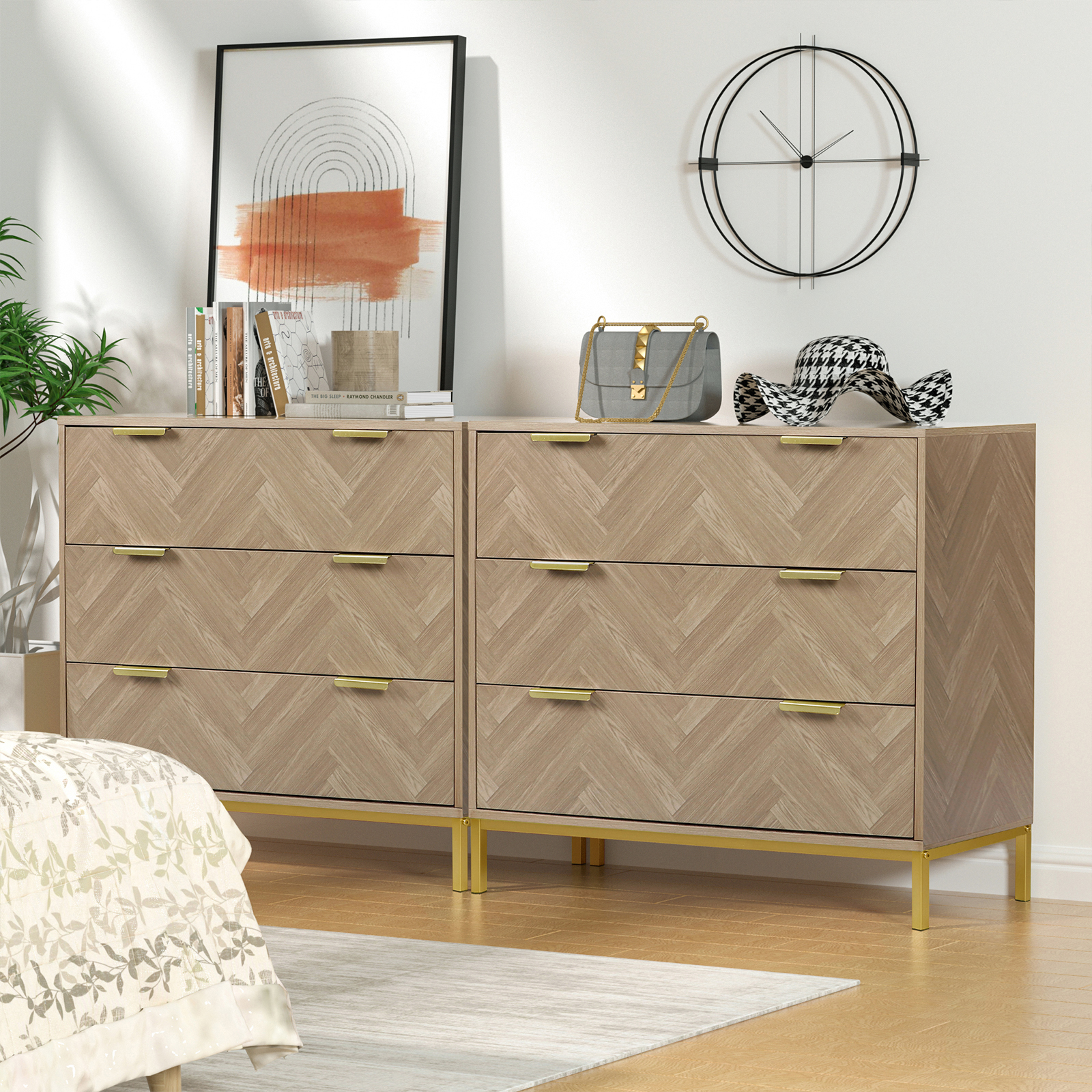 Anmytek Modern 3 Drawer Chest Dresser with Gold Metal Legs