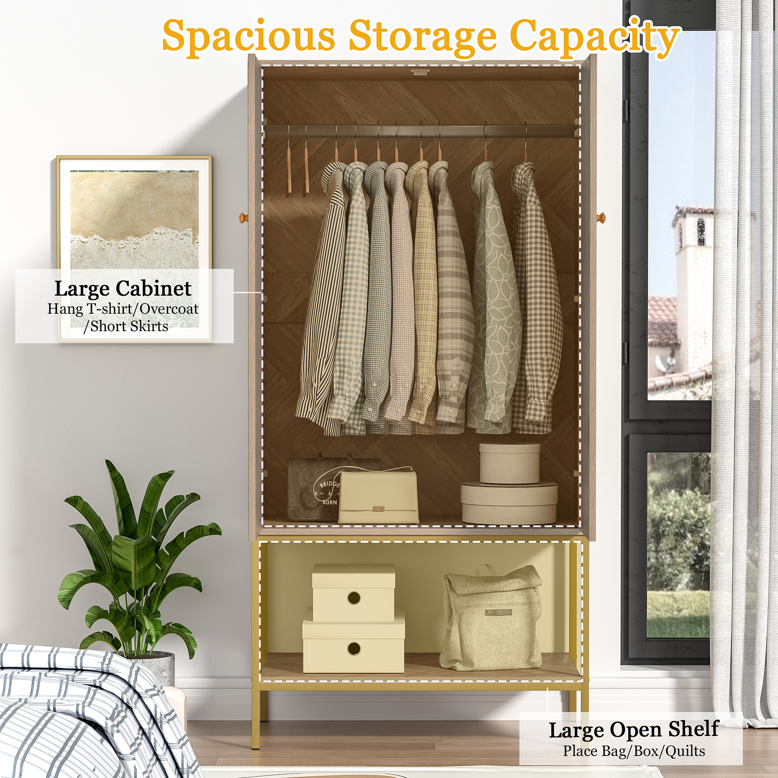 Anmytek Armoire Wardrobe Closet with Doors, Wooden Wardrobe Closet with Hanging Rod & Shelf