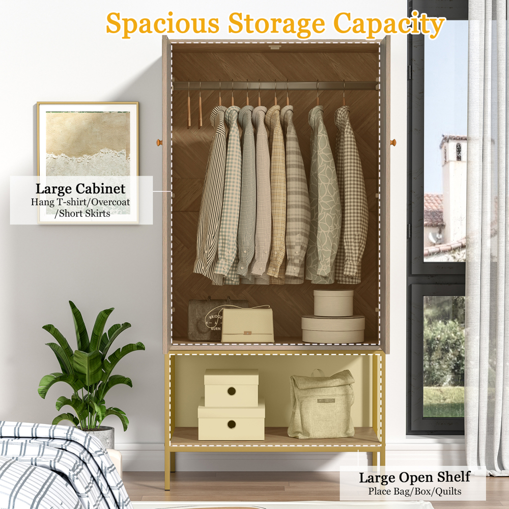 Anmytek Armoire Wardrobe Closet with Doors, Wooden Wardrobe Closet with Hanging Rod & Shelf