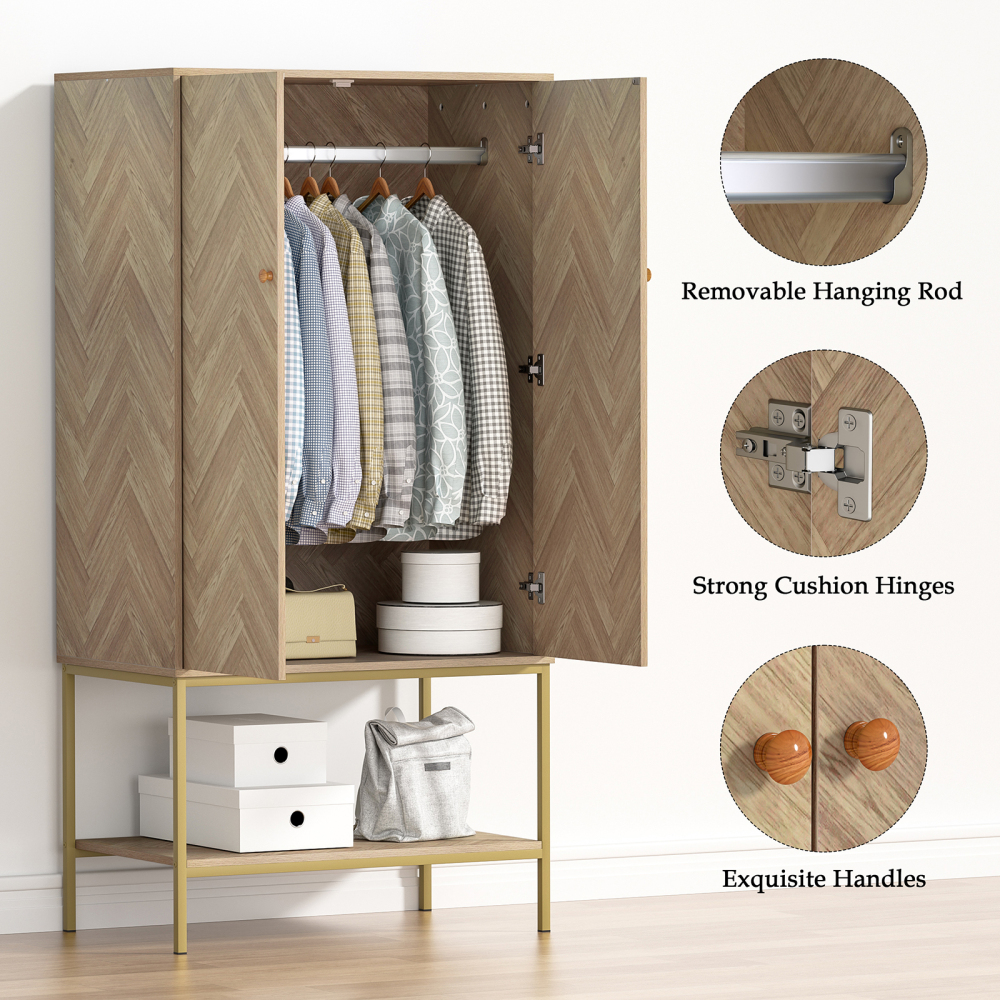 Anmytek Armoire Wardrobe Closet with Doors, Wooden Wardrobe Closet with Hanging Rod & Shelf