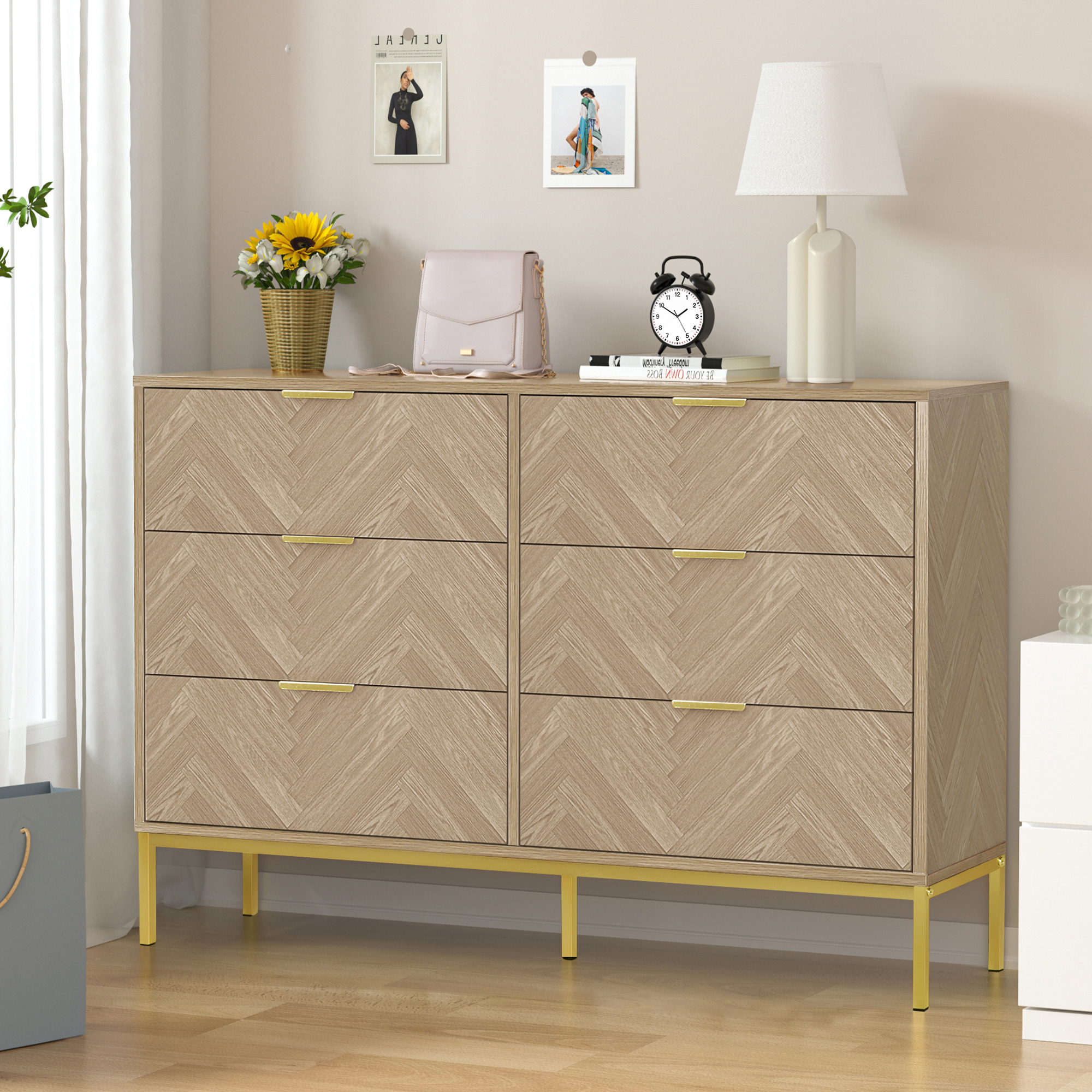 Anmytek 6 Drawer Double Dresser Storage Modern Wood Chest