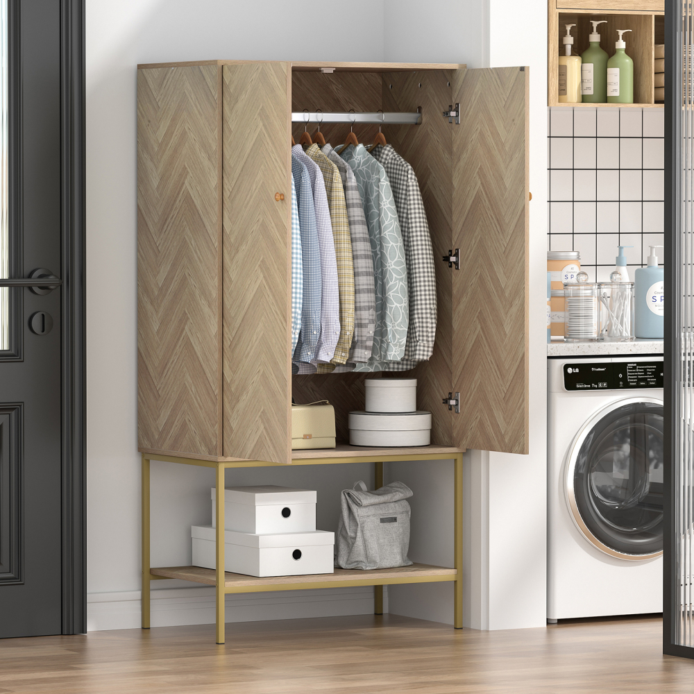 Anmytek Armoire Wardrobe Closet with Doors, Wooden Wardrobe Closet with Hanging Rod & Shelf