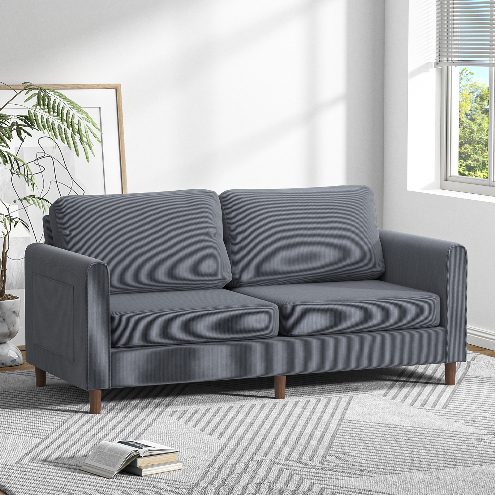 Anmytek 69" W Loveseat Sofa, Corduroy Couch with Spring Cushion, Upholstered Couch Sleeper, Wood Small Couches