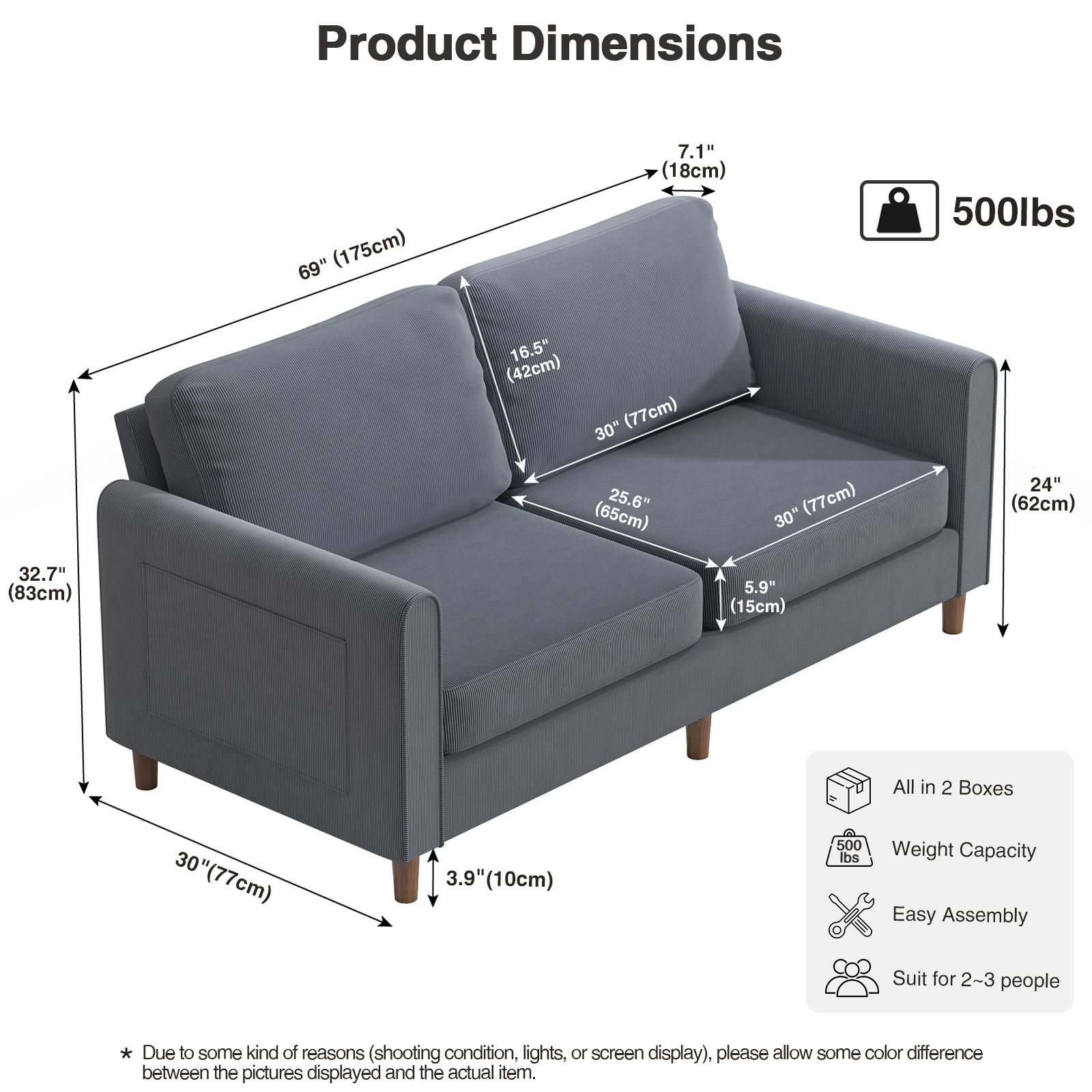 Anmytek 69" W Loveseat Sofa, Corduroy Couch with Spring Cushion, Upholstered Couch Sleeper, Wood Small Couches
