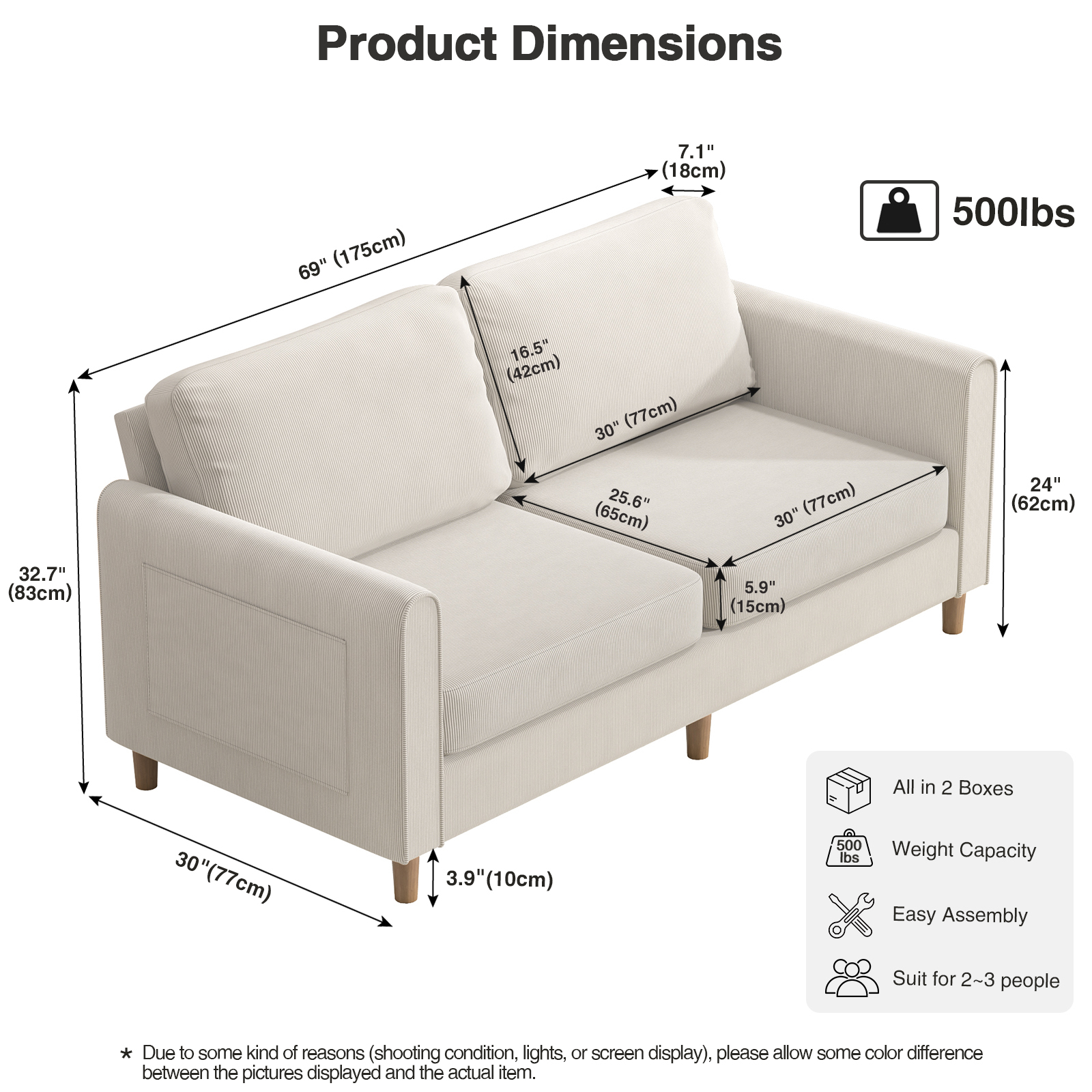 Anmytek 69" W Loveseat Sofa, Upholstered Couch Sleeper, Wood Small Couches for Small Spaces