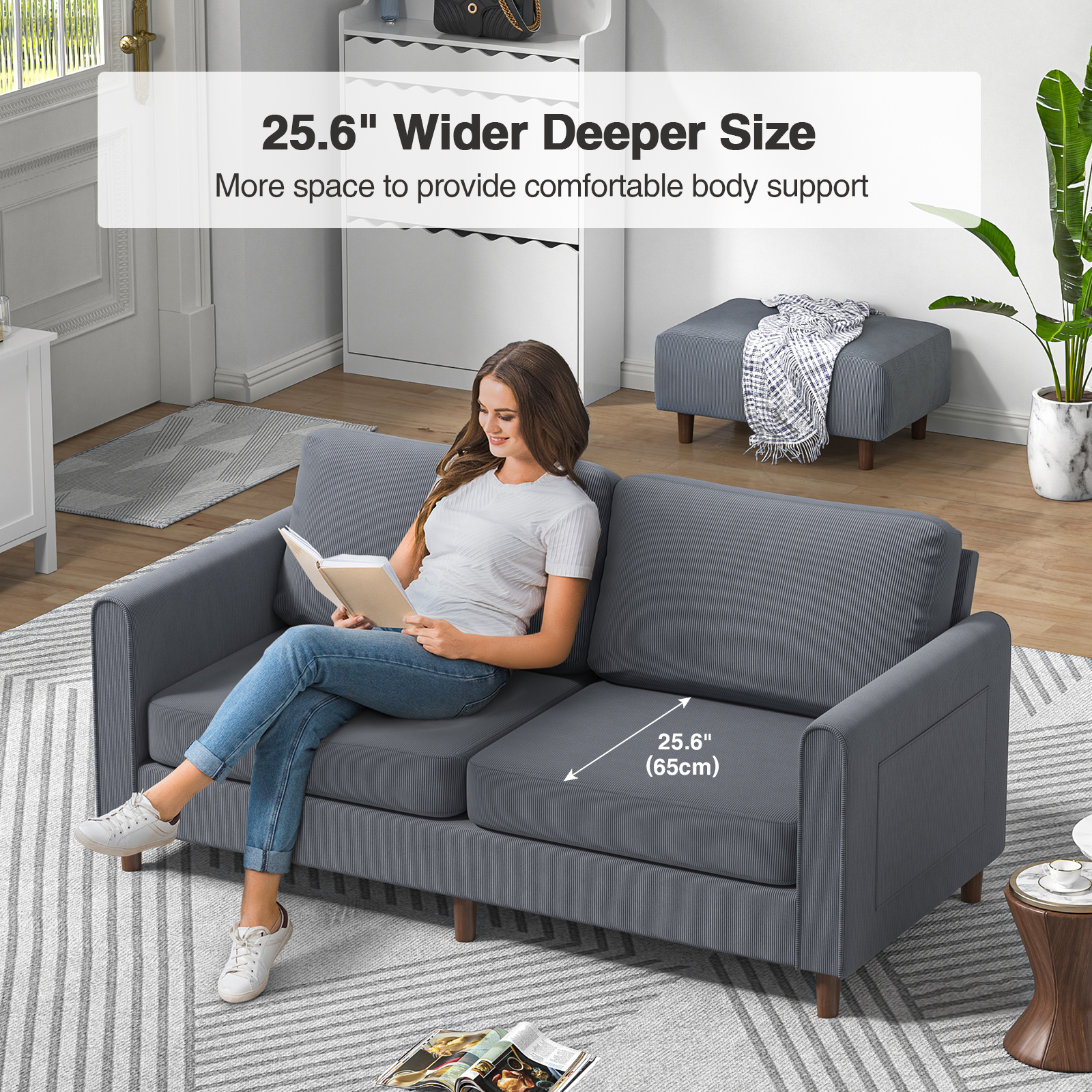 Anmytek 69" W Loveseat Sofa, Corduroy Couch with Spring Cushion, Upholstered Couch Sleeper, Wood Small Couches
