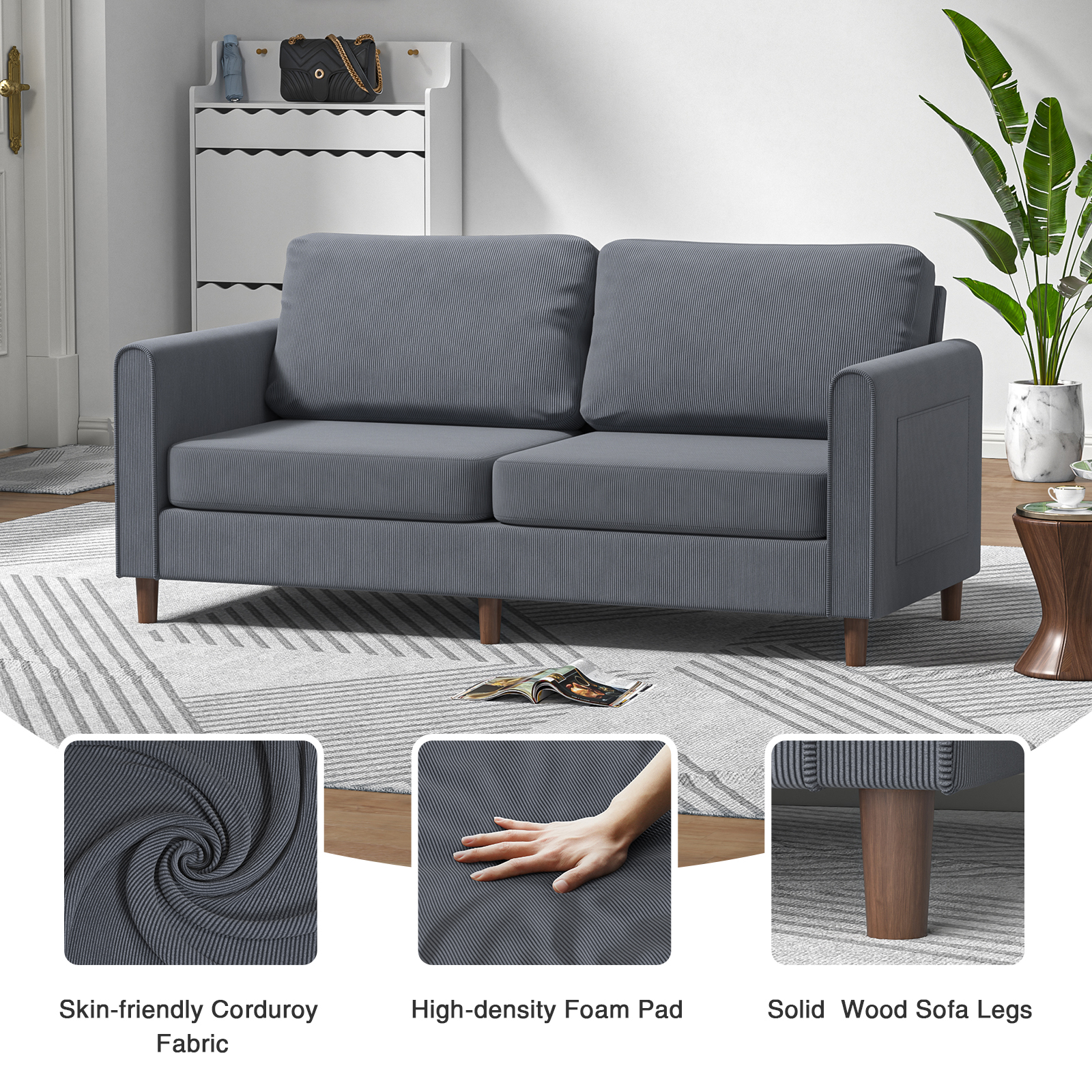 Anmytek 69" W Loveseat Sofa, Corduroy Couch with Spring Cushion, Upholstered Couch Sleeper, Wood Small Couches