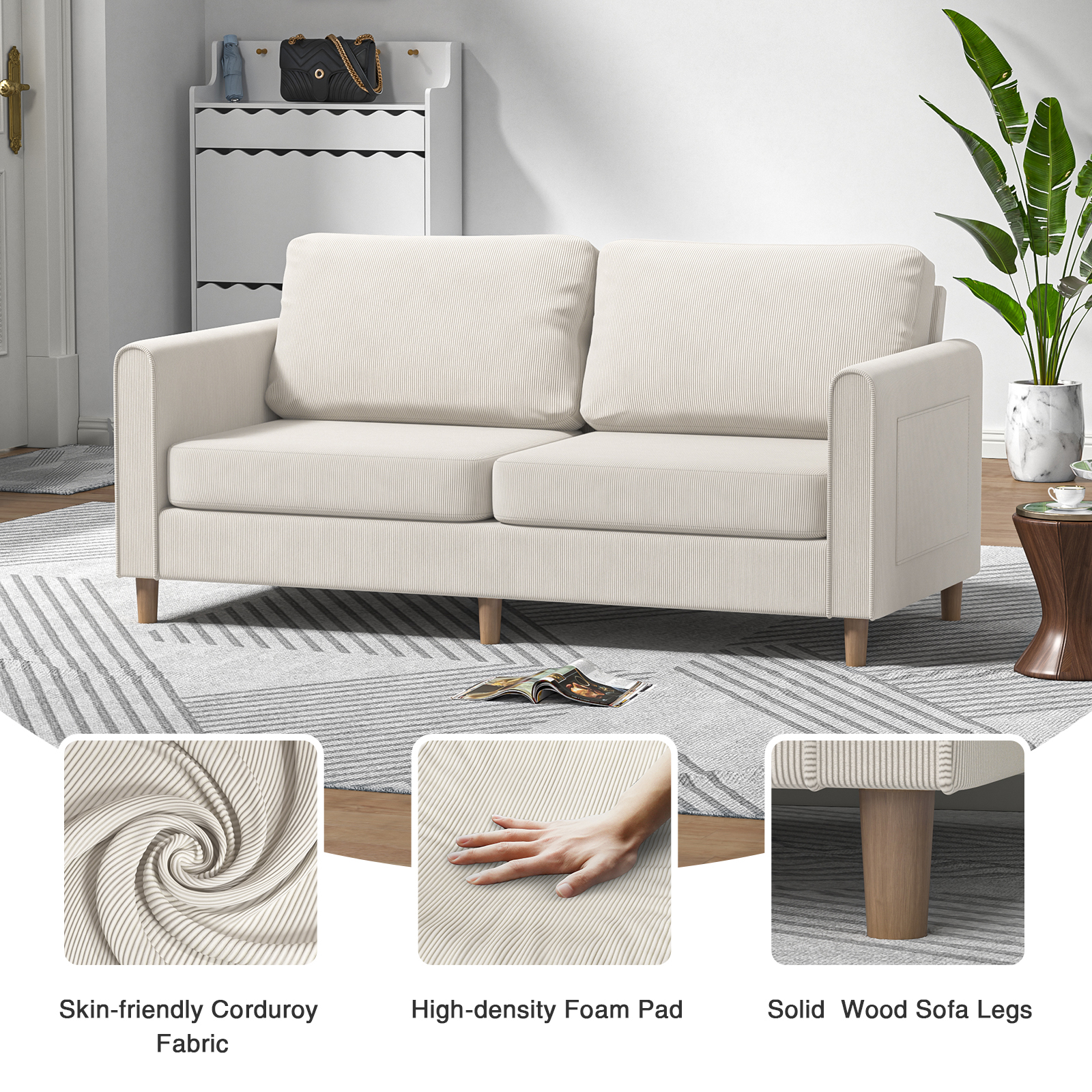 Anmytek 69" W Loveseat Sofa, Upholstered Couch Sleeper, Wood Small Couches for Small Spaces