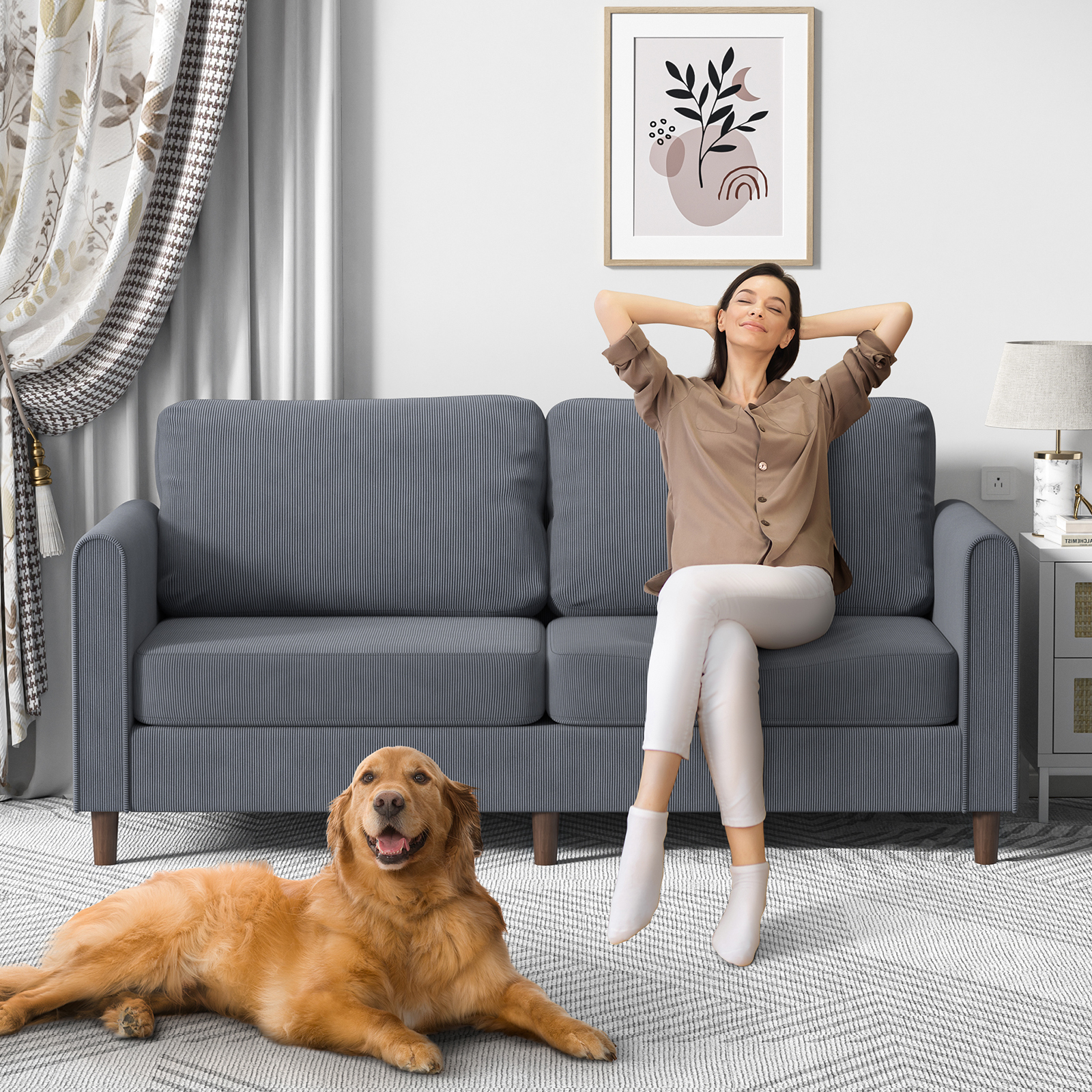 Anmytek 69" W Loveseat Sofa, Corduroy Couch with Spring Cushion, Upholstered Couch Sleeper, Wood Small Couches