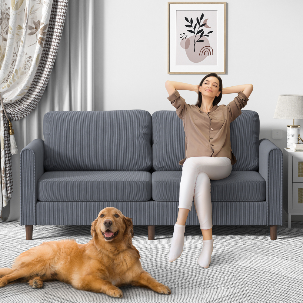 Anmytek 69" W Loveseat Sofa, Corduroy Couch with Spring Cushion, Upholstered Couch Sleeper, Wood Small Couches