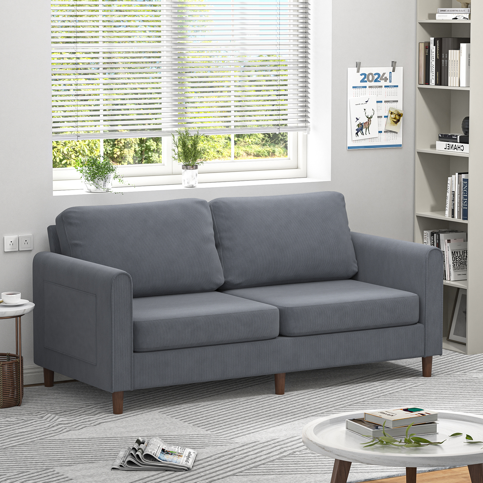 Anmytek 69" W Loveseat Sofa, Corduroy Couch with Spring Cushion, Upholstered Couch Sleeper, Wood Small Couches