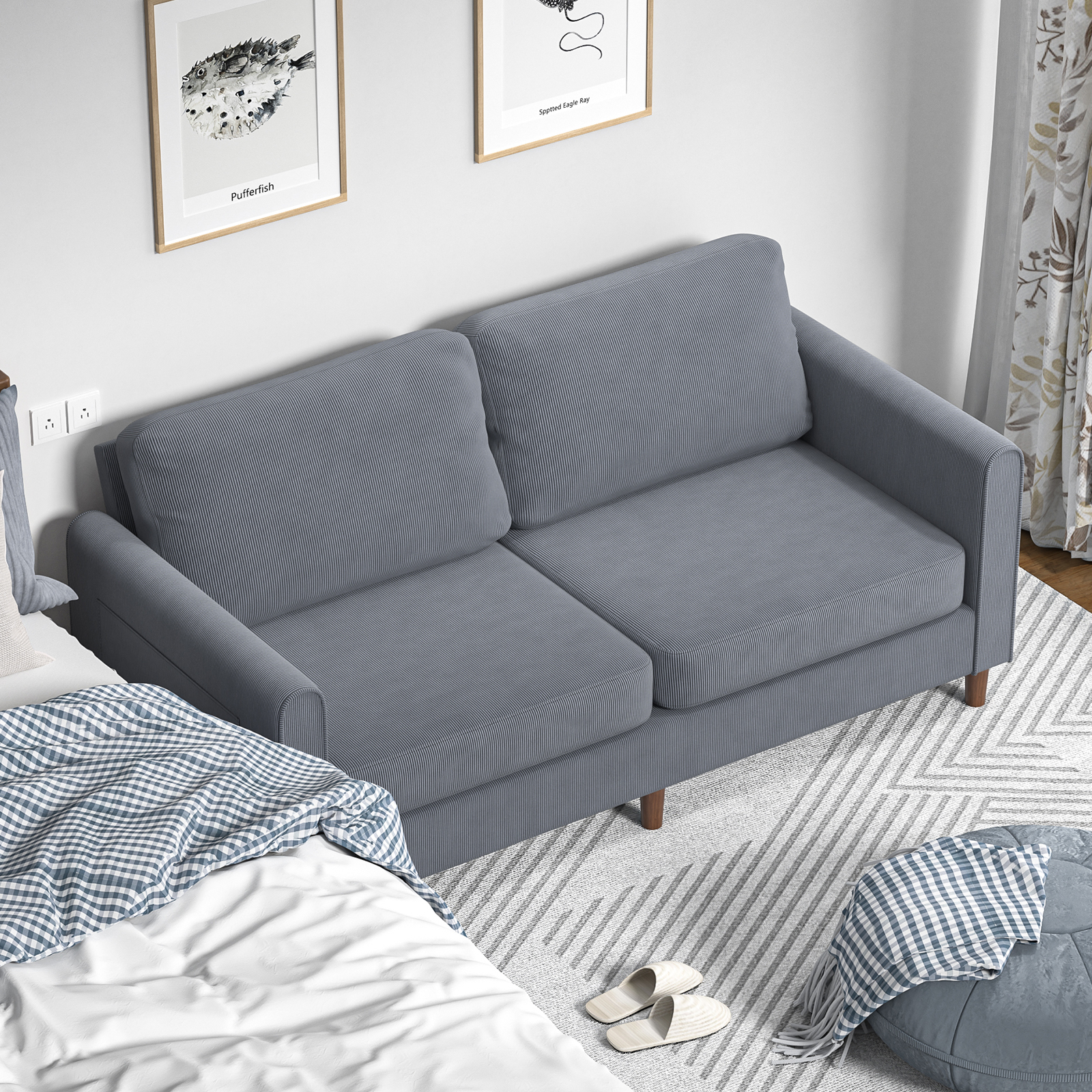 Anmytek 69" W Loveseat Sofa, Corduroy Couch with Spring Cushion, Upholstered Couch Sleeper, Wood Small Couches