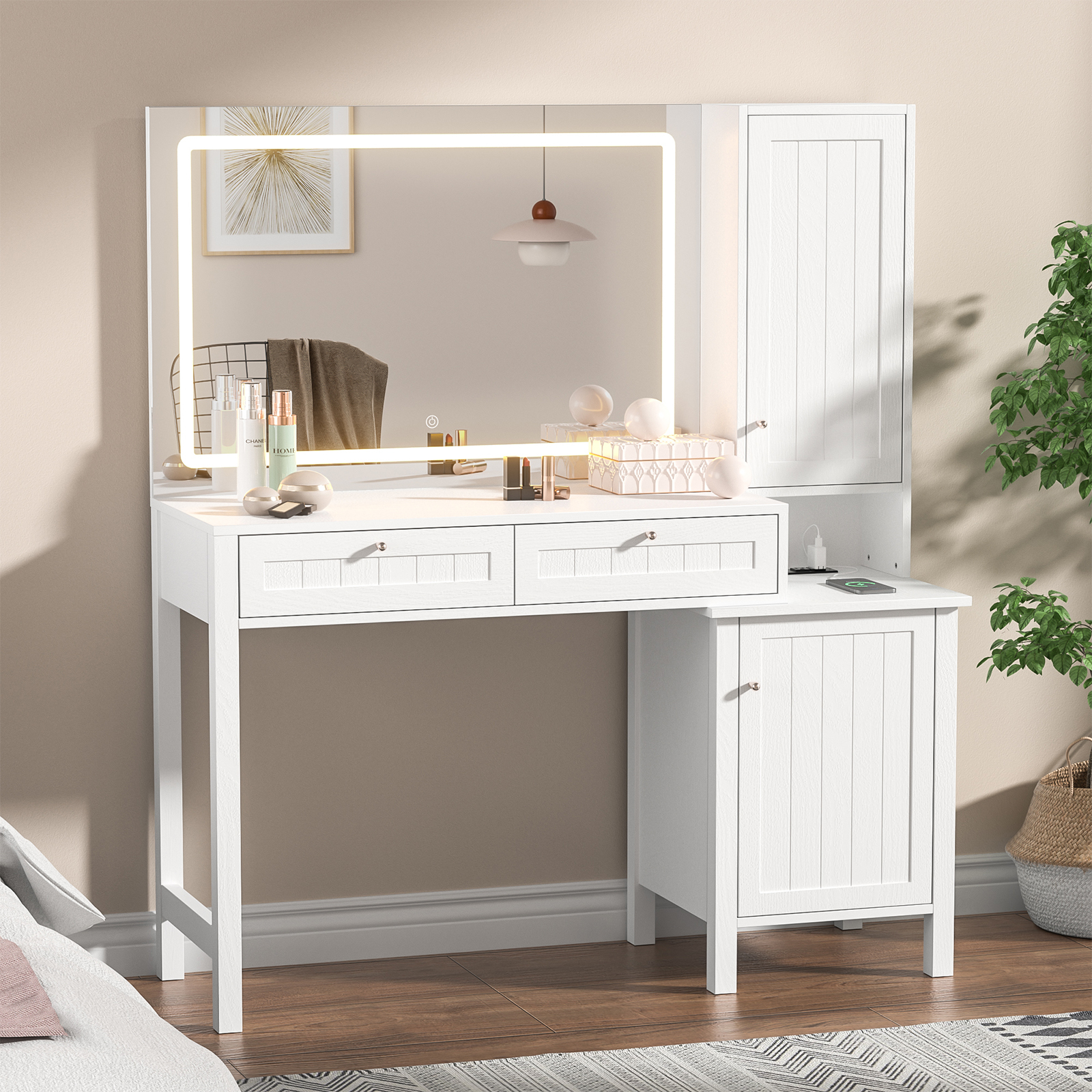 Anmytek Makeup Vanity Desk with 36" Lighted Mirror,Dressing Table with 2 Large Drawer & 2 Storage Cabinet