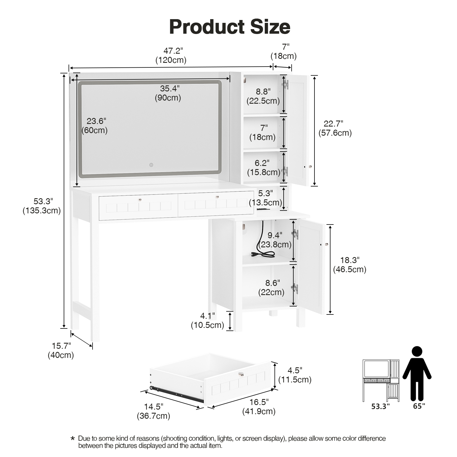 Anmytek Makeup Vanity Desk with 36" Lighted Mirror,Dressing Table with 2 Large Drawer & 2 Storage Cabinet