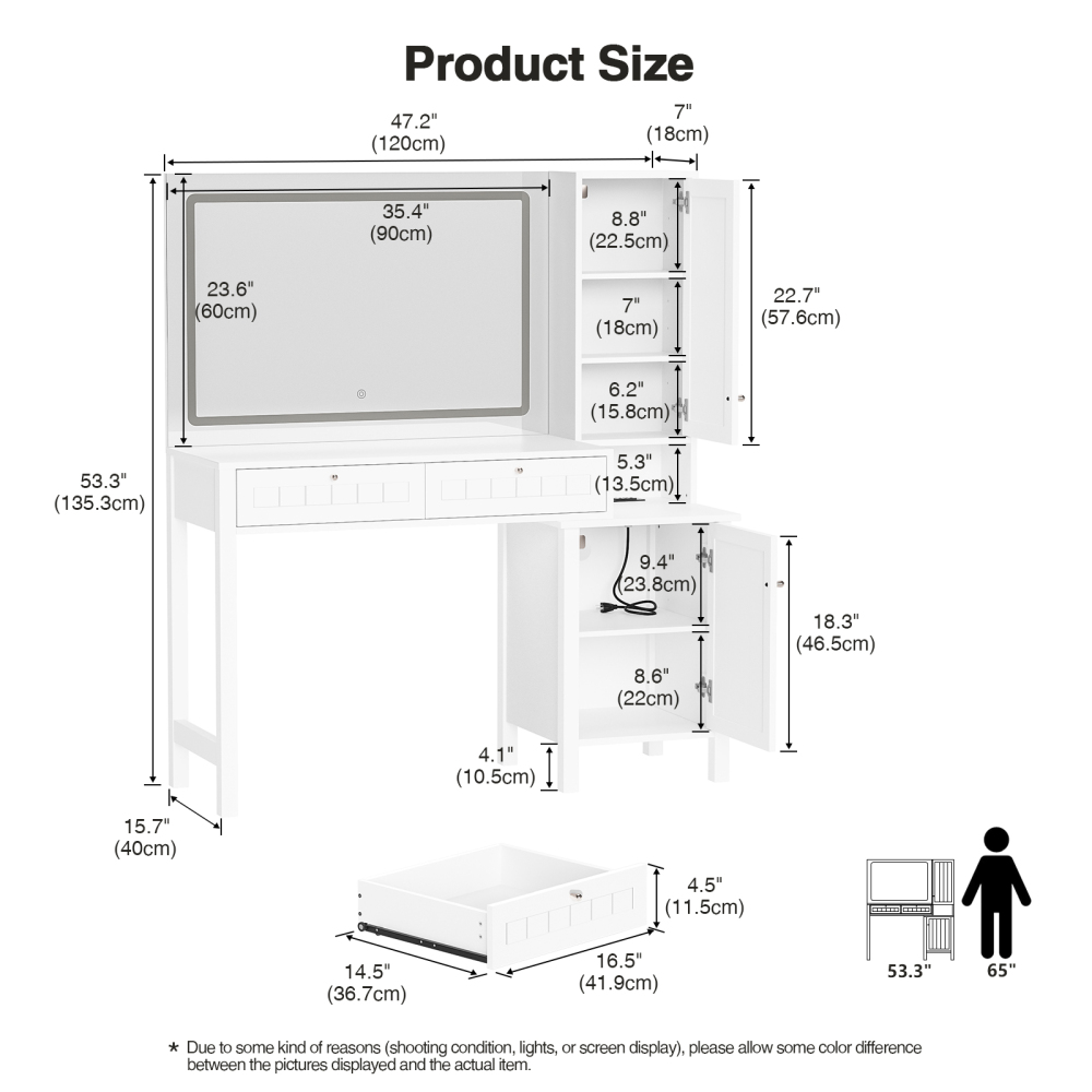 Anmytek Makeup Vanity Desk with 36" Lighted Mirror,Dressing Table with 2 Large Drawer & 2 Storage Cabinet