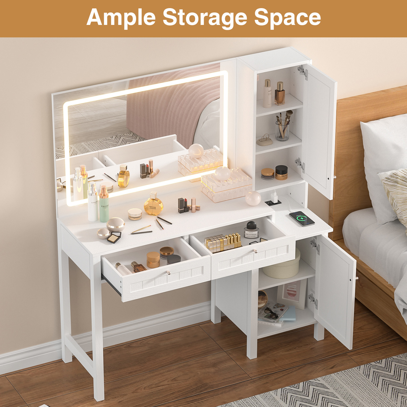 Anmytek Makeup Vanity Desk with 36" Lighted Mirror,Dressing Table with 2 Large Drawer & 2 Storage Cabinet