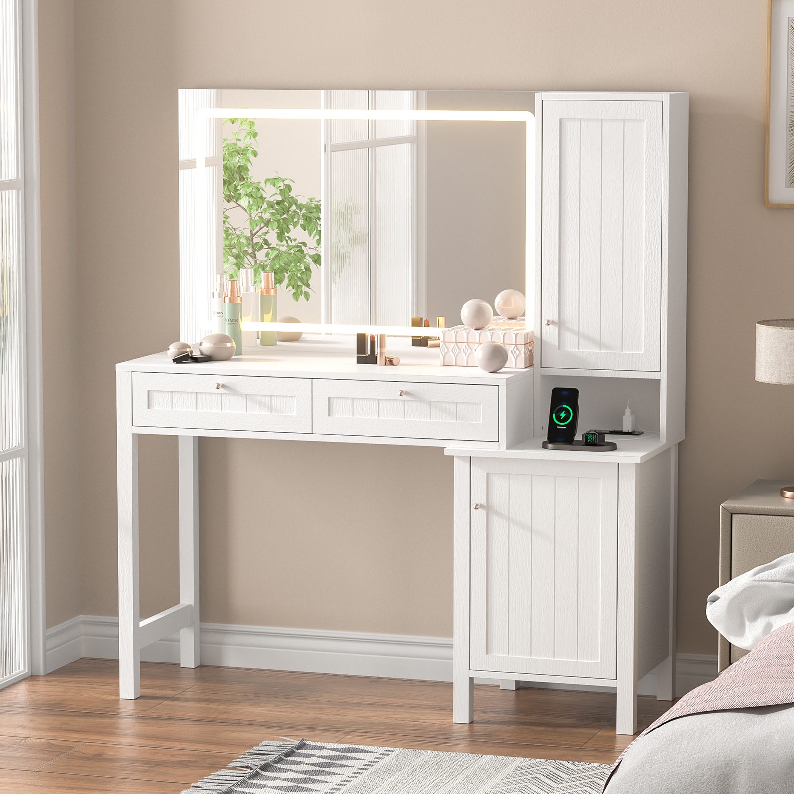 Anmytek Makeup Vanity Desk with 36" Lighted Mirror,Dressing Table with 2 Large Drawer & 2 Storage Cabinet