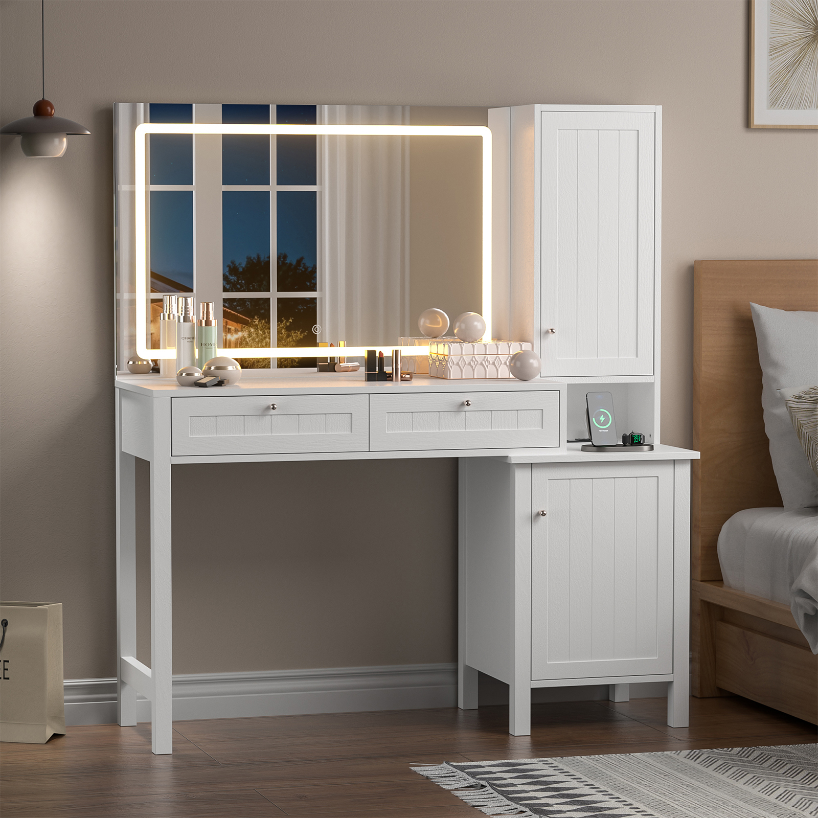 Anmytek Makeup Vanity Desk with 36" Lighted Mirror,Dressing Table with 2 Large Drawer & 2 Storage Cabinet