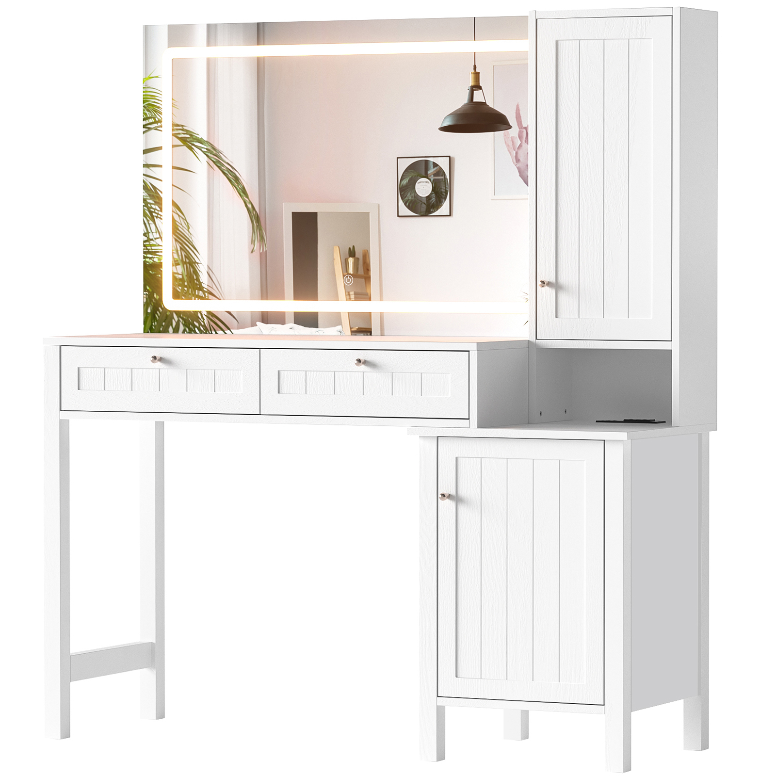 Anmytek Makeup Vanity Desk with 36" Lighted Mirror,Dressing Table with 2 Large Drawer & 2 Storage Cabinet