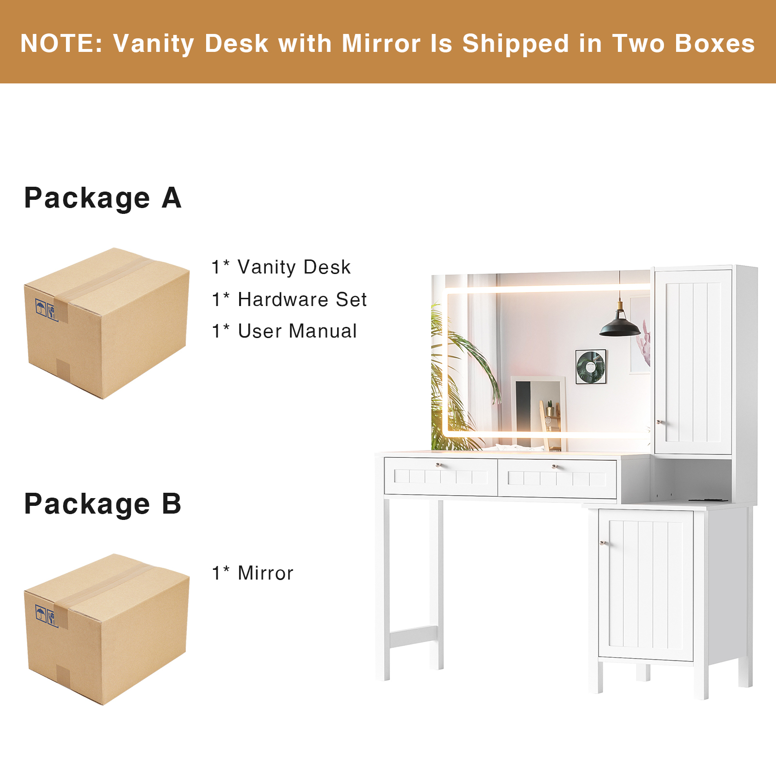Anmytek Makeup Vanity Desk with 36" Lighted Mirror,Dressing Table with 2 Large Drawer & 2 Storage Cabinet