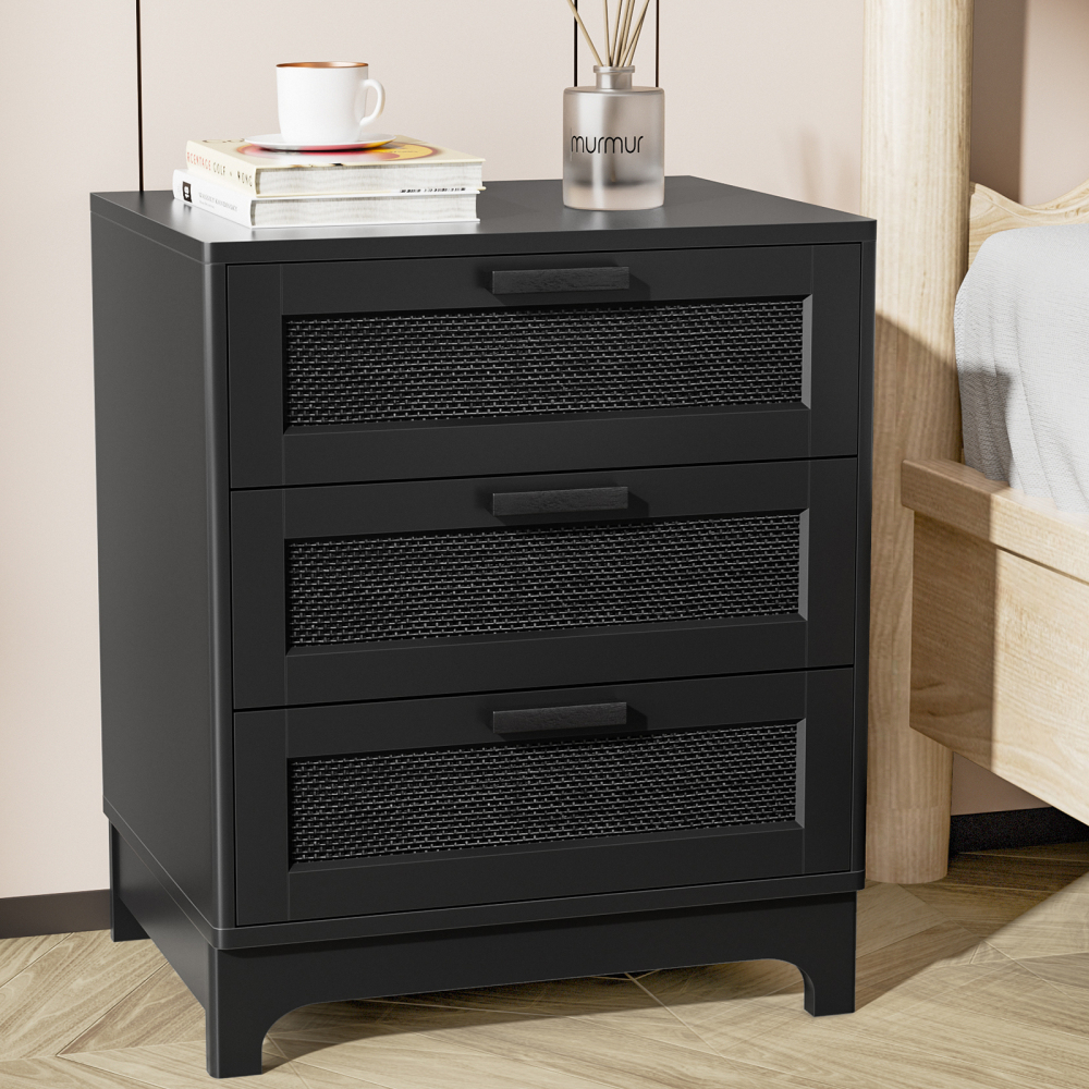 Anmytek Rattan Nightstand with 3 Drawers,  Black Wood Bedside Table Sofa End Side Table