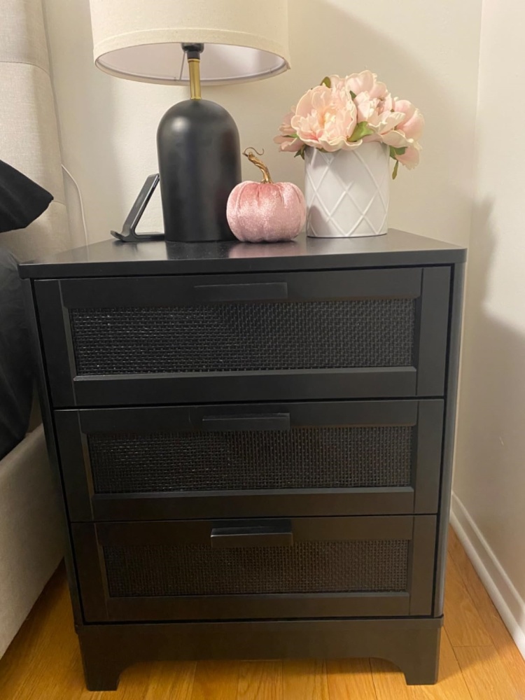 Anmytek Rattan Nightstand with 3 Drawers,  Black Wood Bedside Table Sofa End Side Table